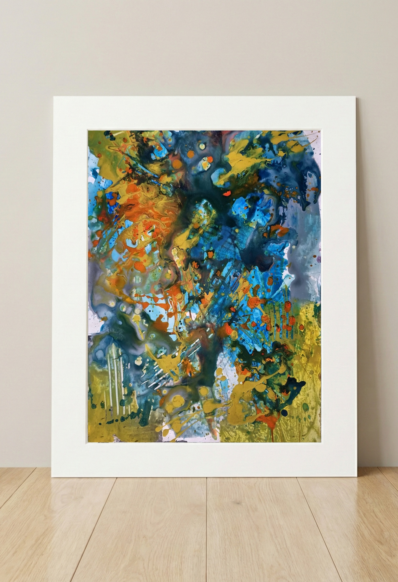 Fluid Abstract in Teal and Gold — art on the wall, room interior preview 3