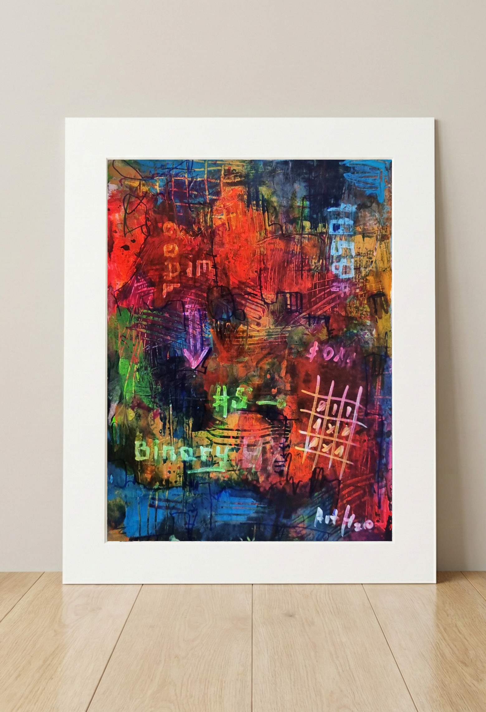 Binary Inferno in Neon Red — art on the wall, room interior preview 3