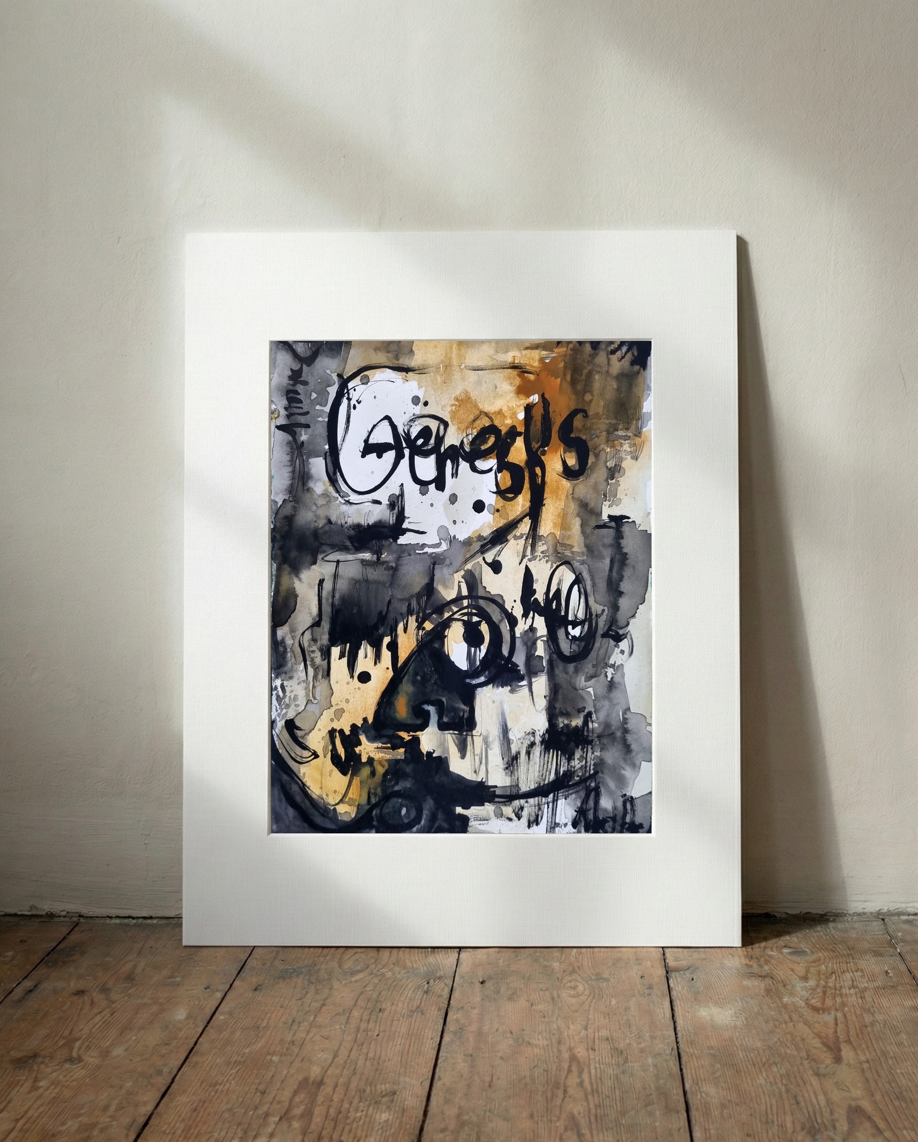 Raw Calligraphic Exploration in Ochre — art on the wall, room interior preview 2