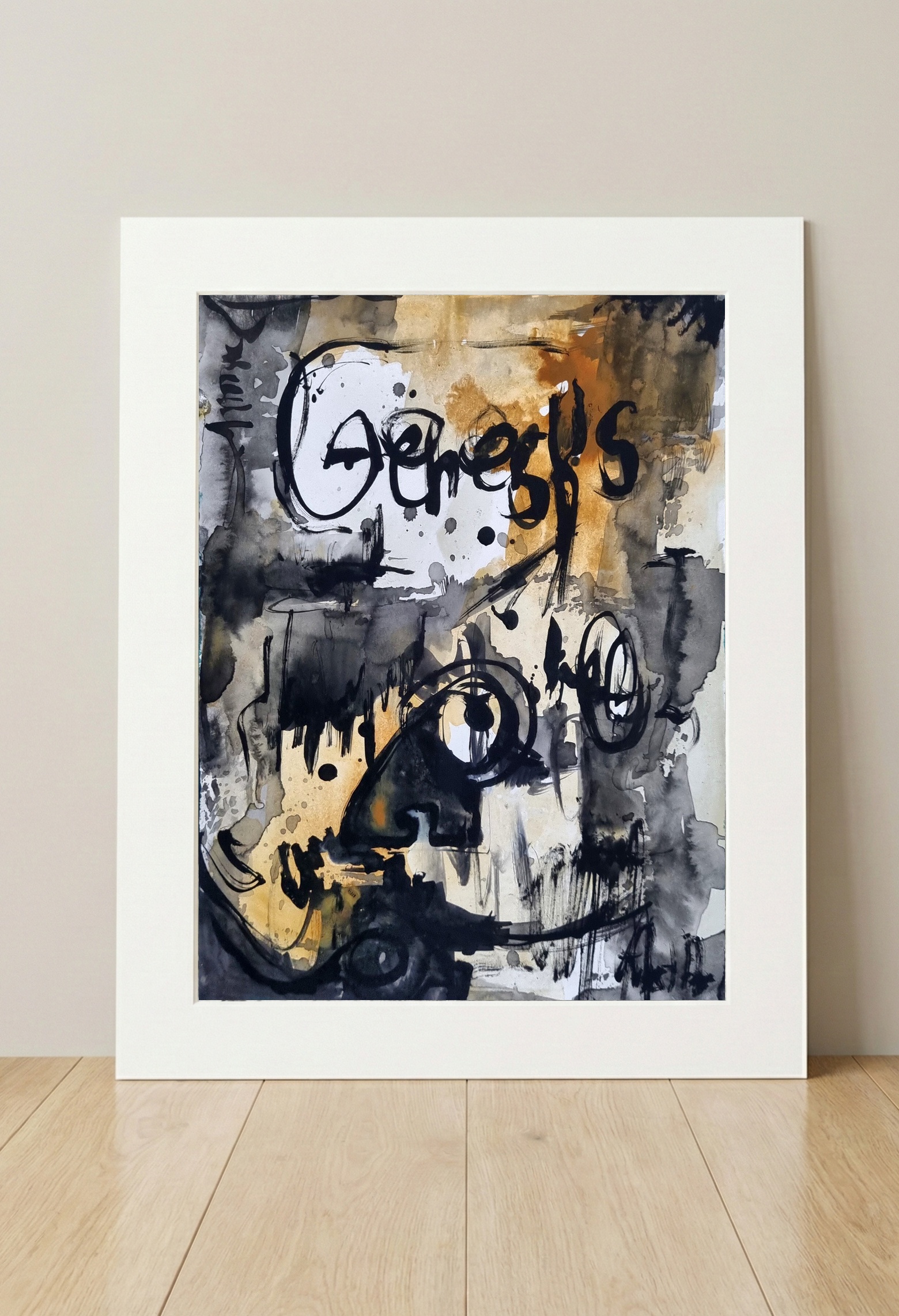 Raw Calligraphic Exploration in Ochre — art on the wall, room interior preview 3