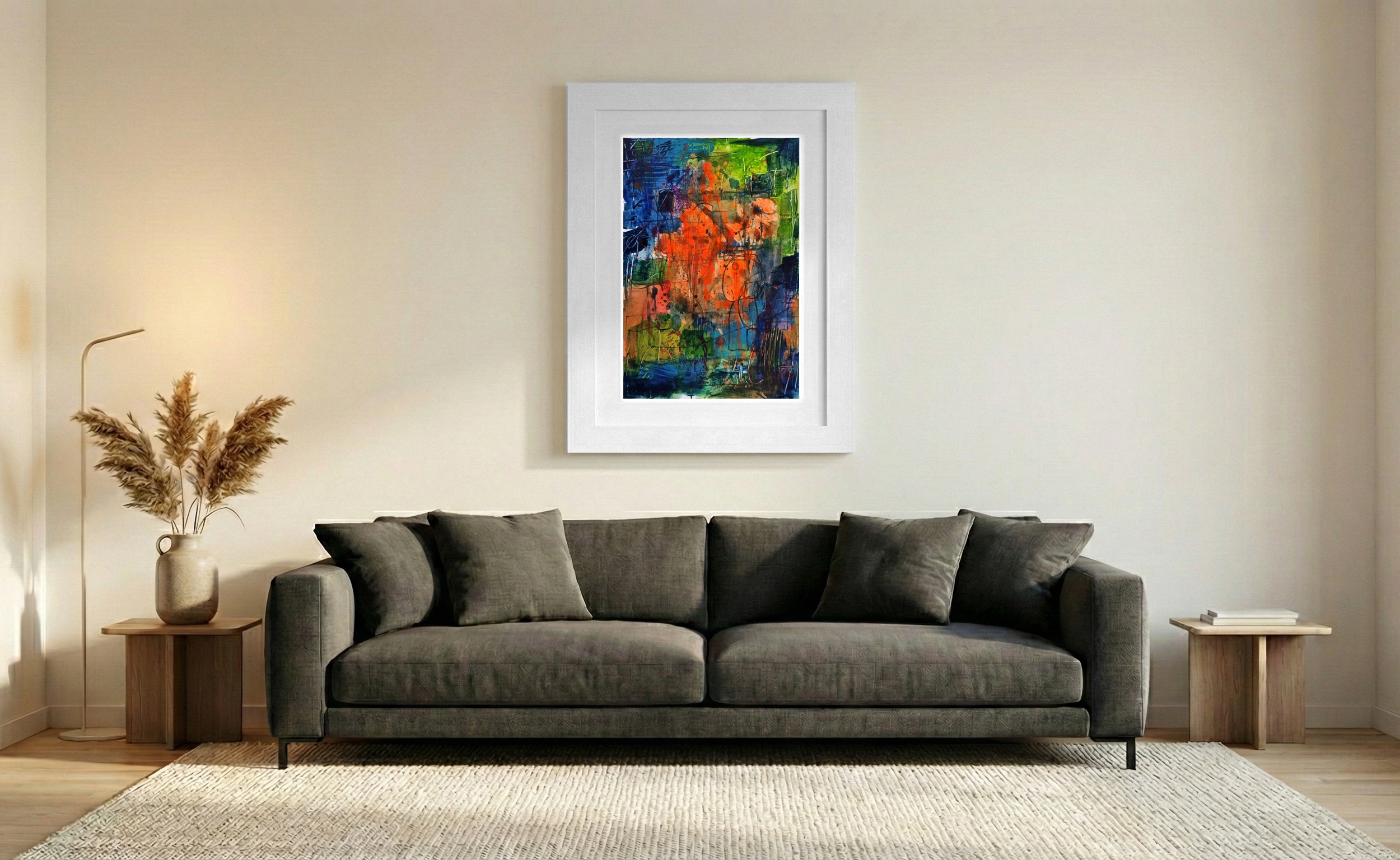 Explosive Energy in Orange and Teal — art on the wall, room interior preview 1