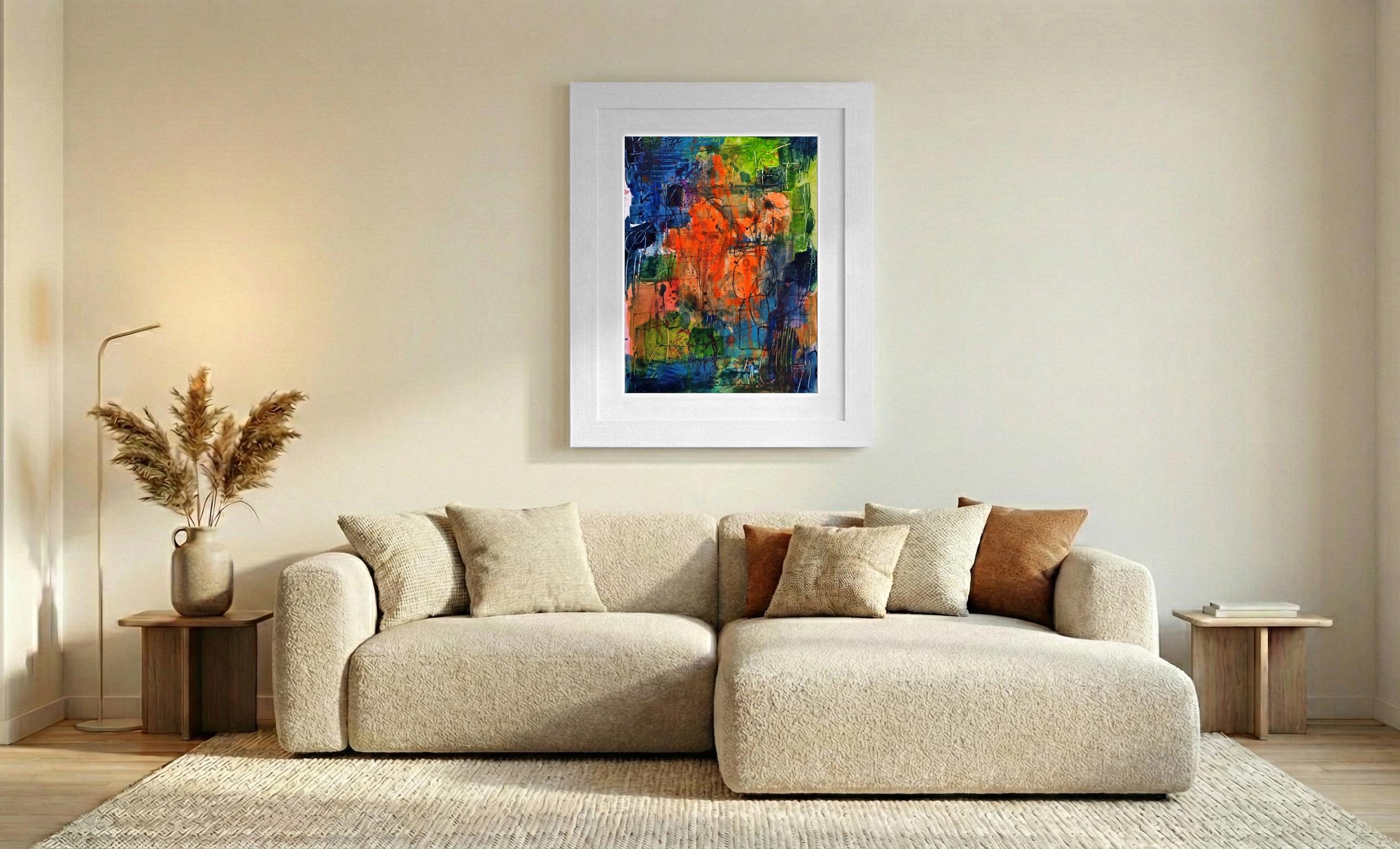Explosive Energy in Orange and Teal — art on the wall, room interior preview 2