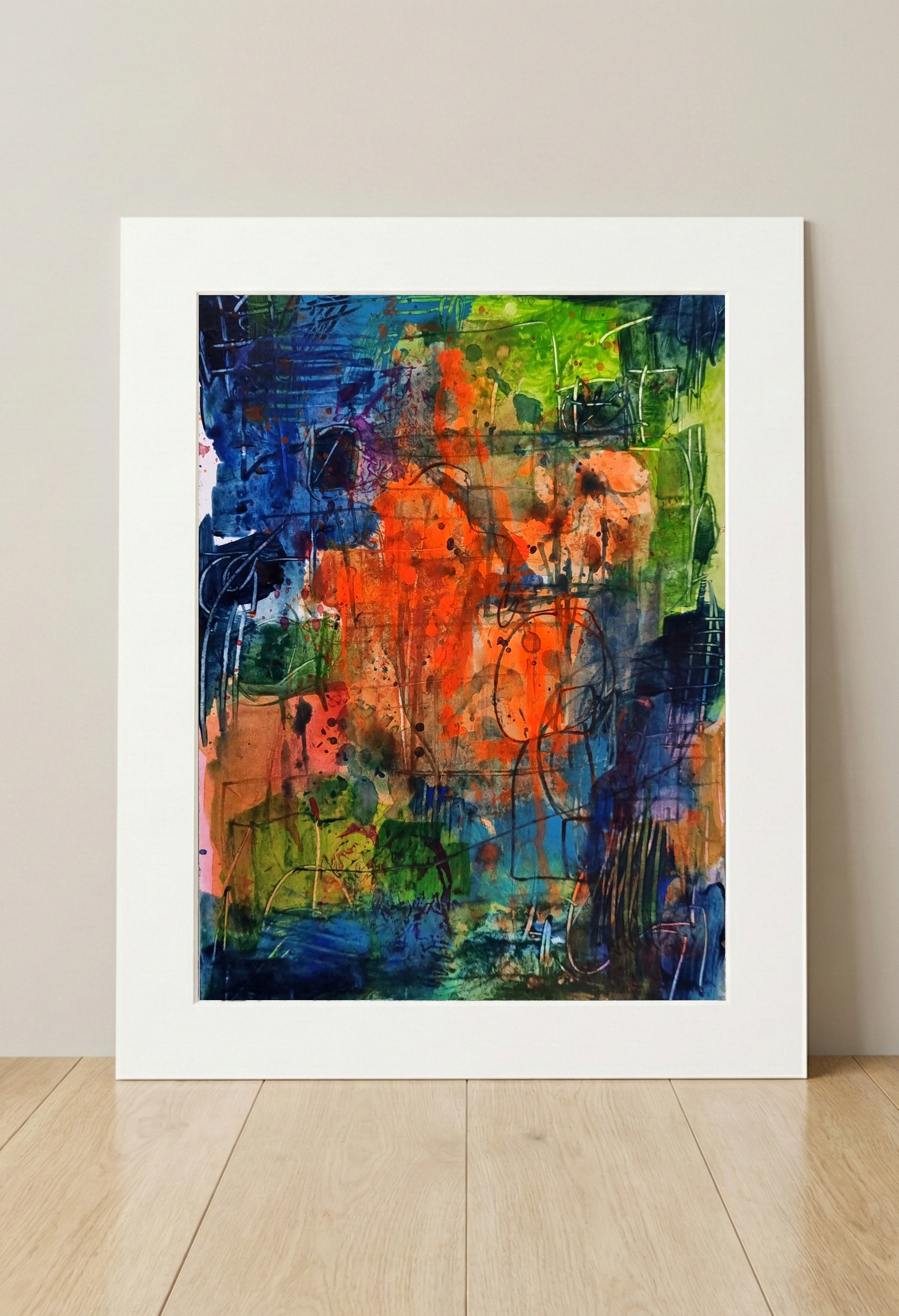 Explosive Energy in Orange and Teal — art on the wall, room interior preview 3