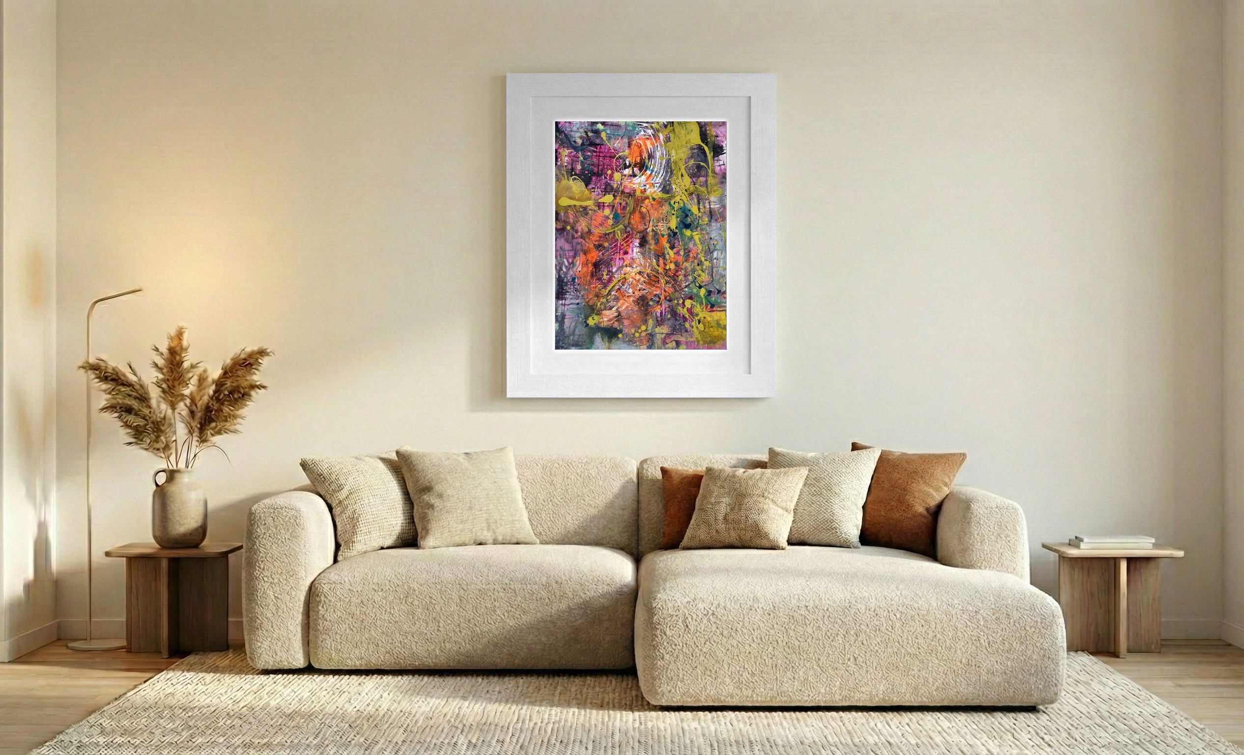 Electrifying Urban Chaos in Magenta and Gold — art on the wall, room interior preview 2