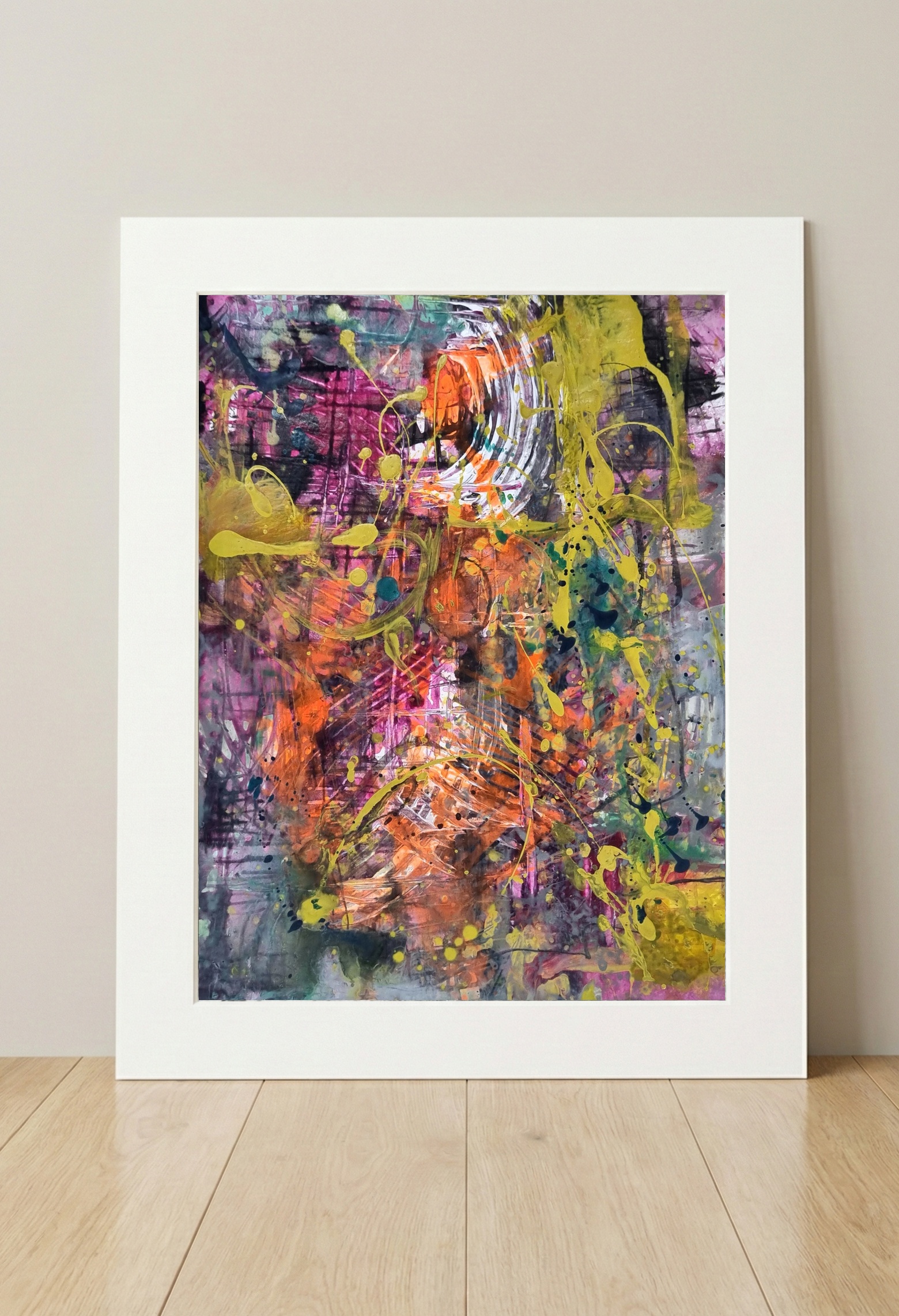 Electrifying Urban Chaos in Magenta and Gold — art on the wall, room interior preview 3