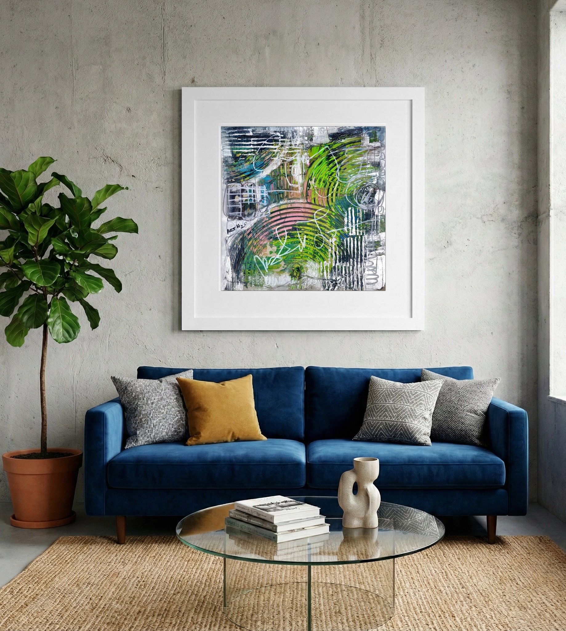 Futuristic Radar in Neon Green and Pink — art on the wall, room interior preview 2