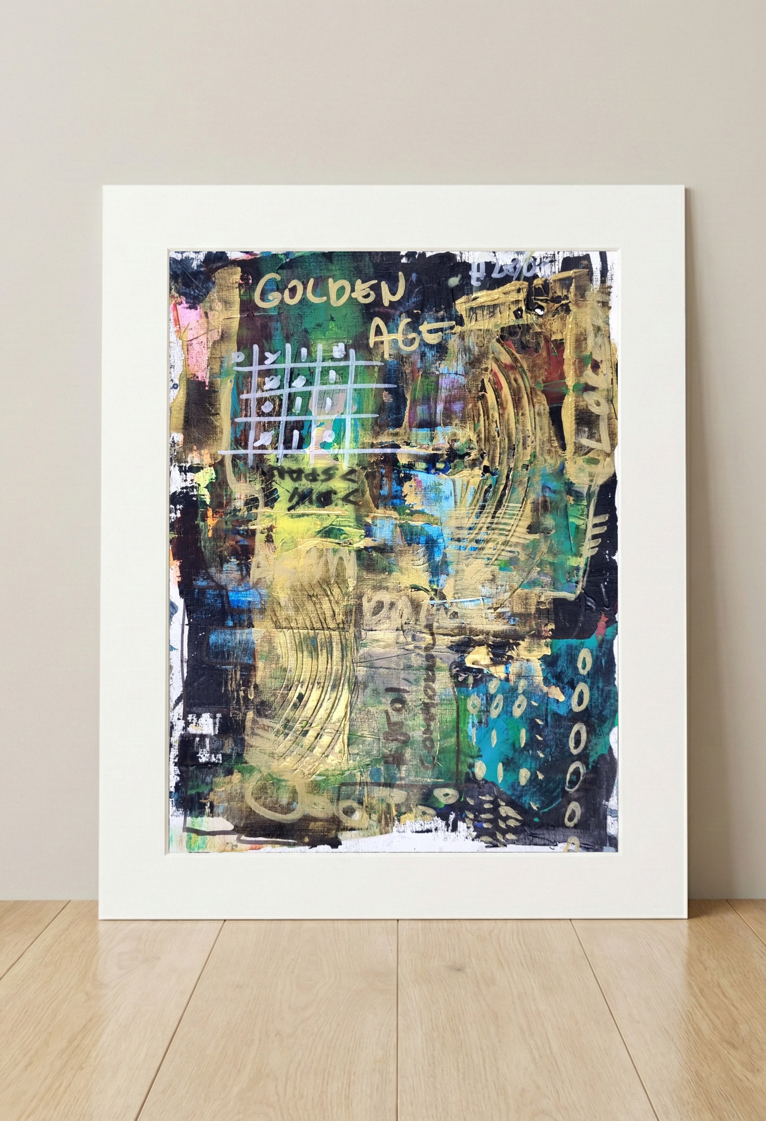 Golden Metallic Abstract with Green Touches — art on the wall, room interior preview 3