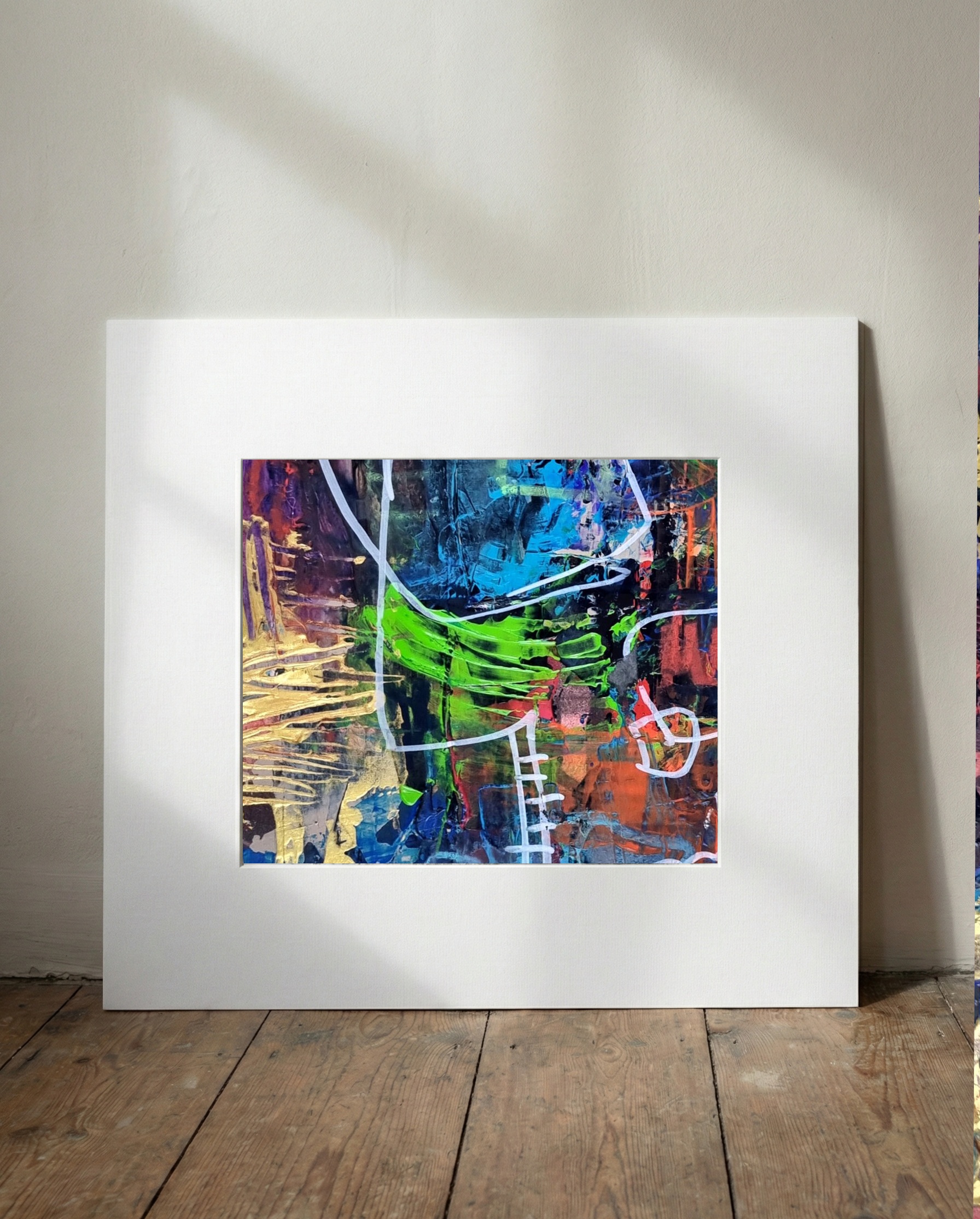 Teal and Gold Abstract with Urban Energy — art on the wall, room interior preview 1