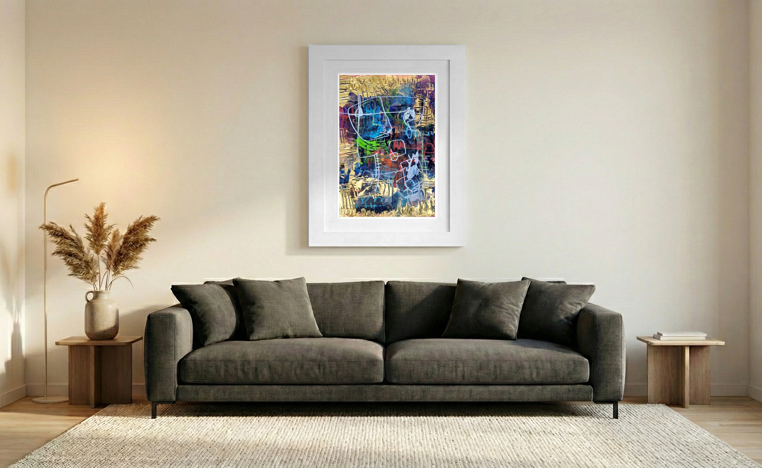 Teal and Gold Abstract with Urban Energy — art on the wall, room interior preview 2