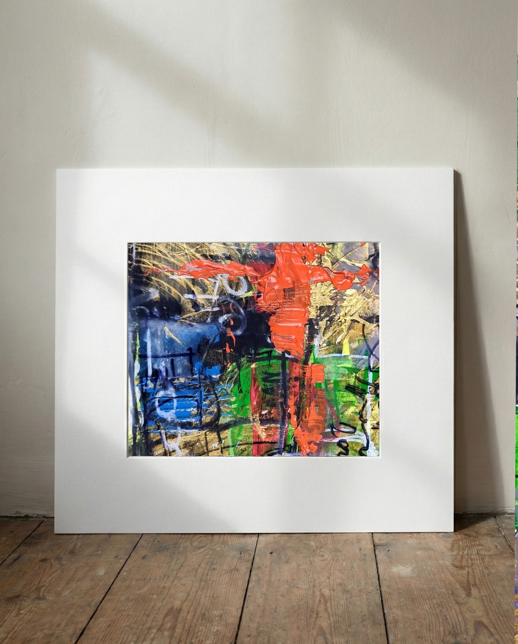 Dynamic Gold and Red Abstract with Urban Vibes — art on the wall, room interior preview 1