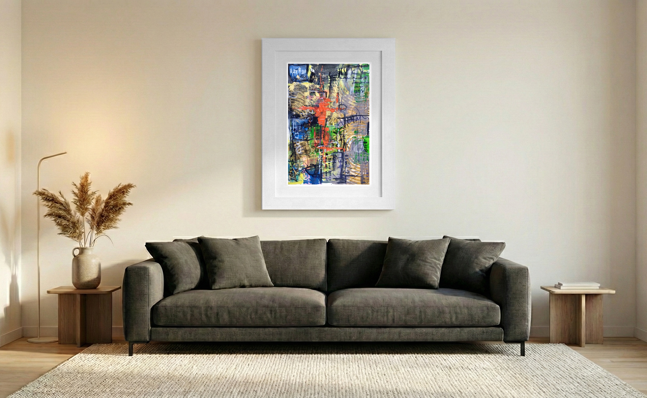 Dynamic Gold and Red Abstract with Urban Vibes — art on the wall, room interior preview 2