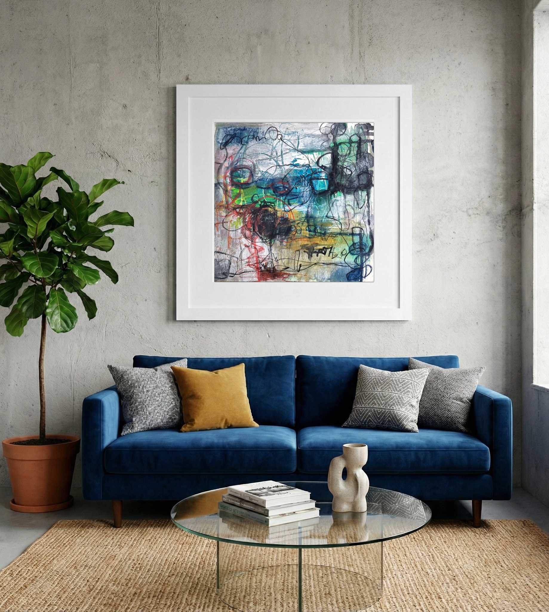 Teal and Charcoal Chaos in Abstract Form — art on the wall, room interior preview 2