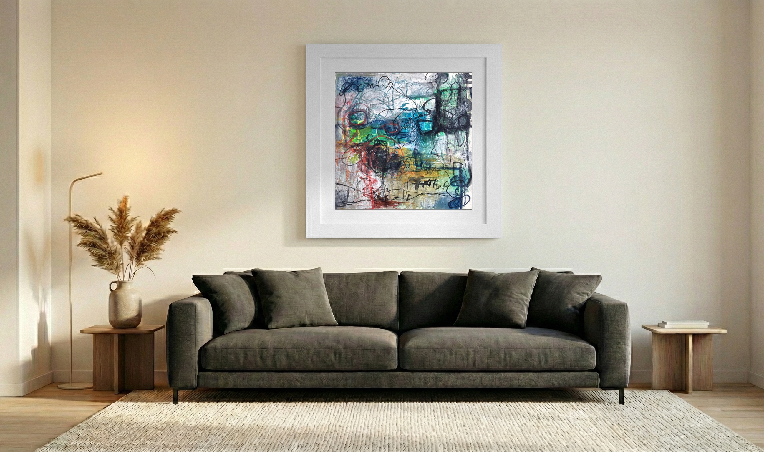Teal and Charcoal Chaos in Abstract Form — art on the wall, room interior preview 3