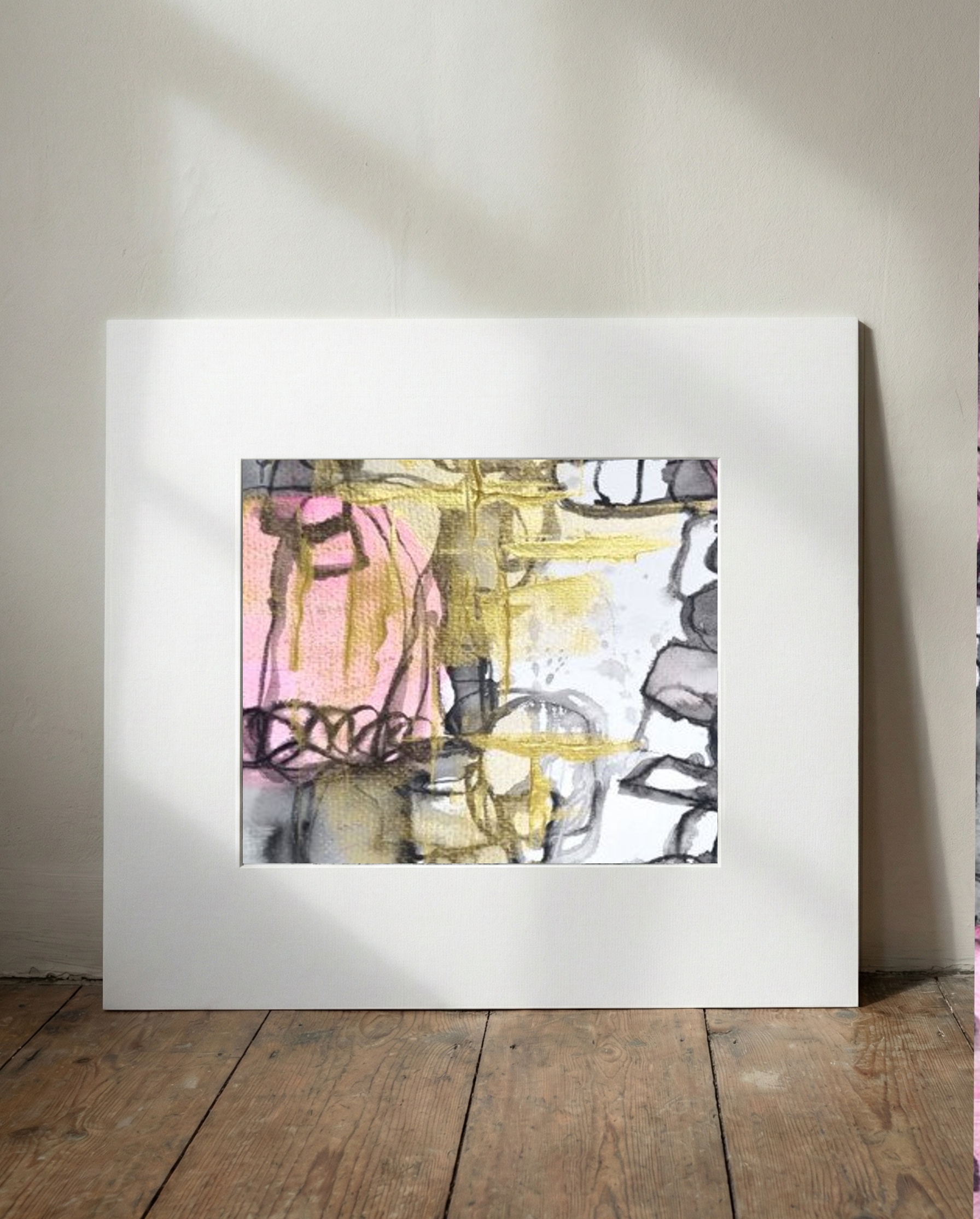 Soft Pink and Gold Drip Structure — art on the wall, room interior preview 1