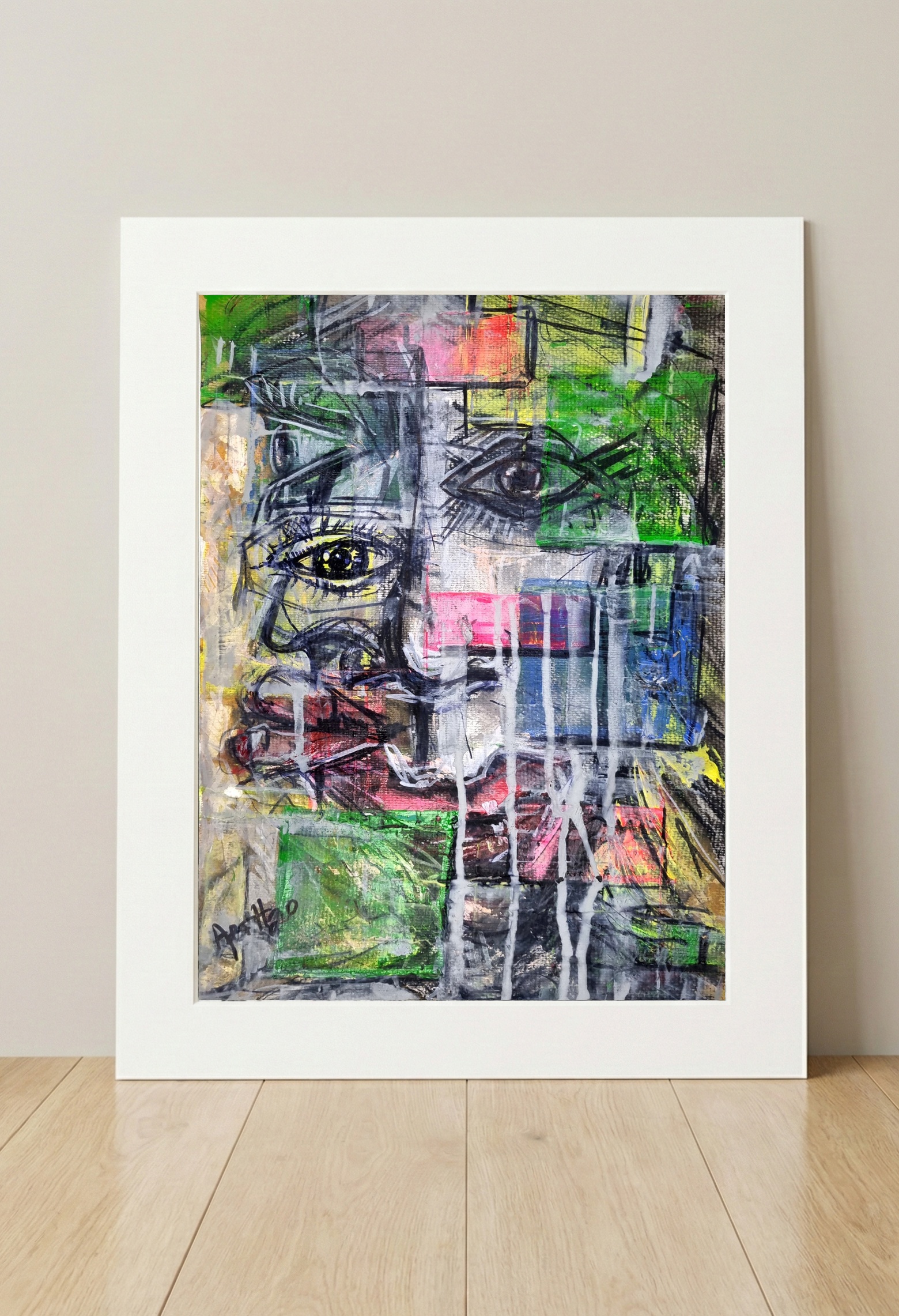 Fragmented Grey Portrait Abstract — art on the wall, room interior preview 3