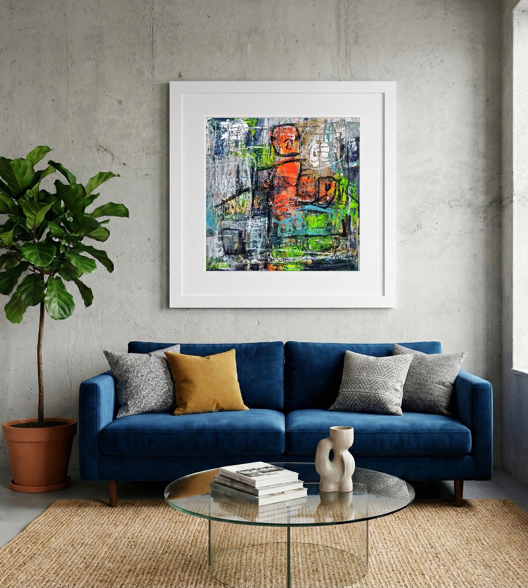 Orange and Neon Green Blocks Study — art on the wall, room interior preview 2