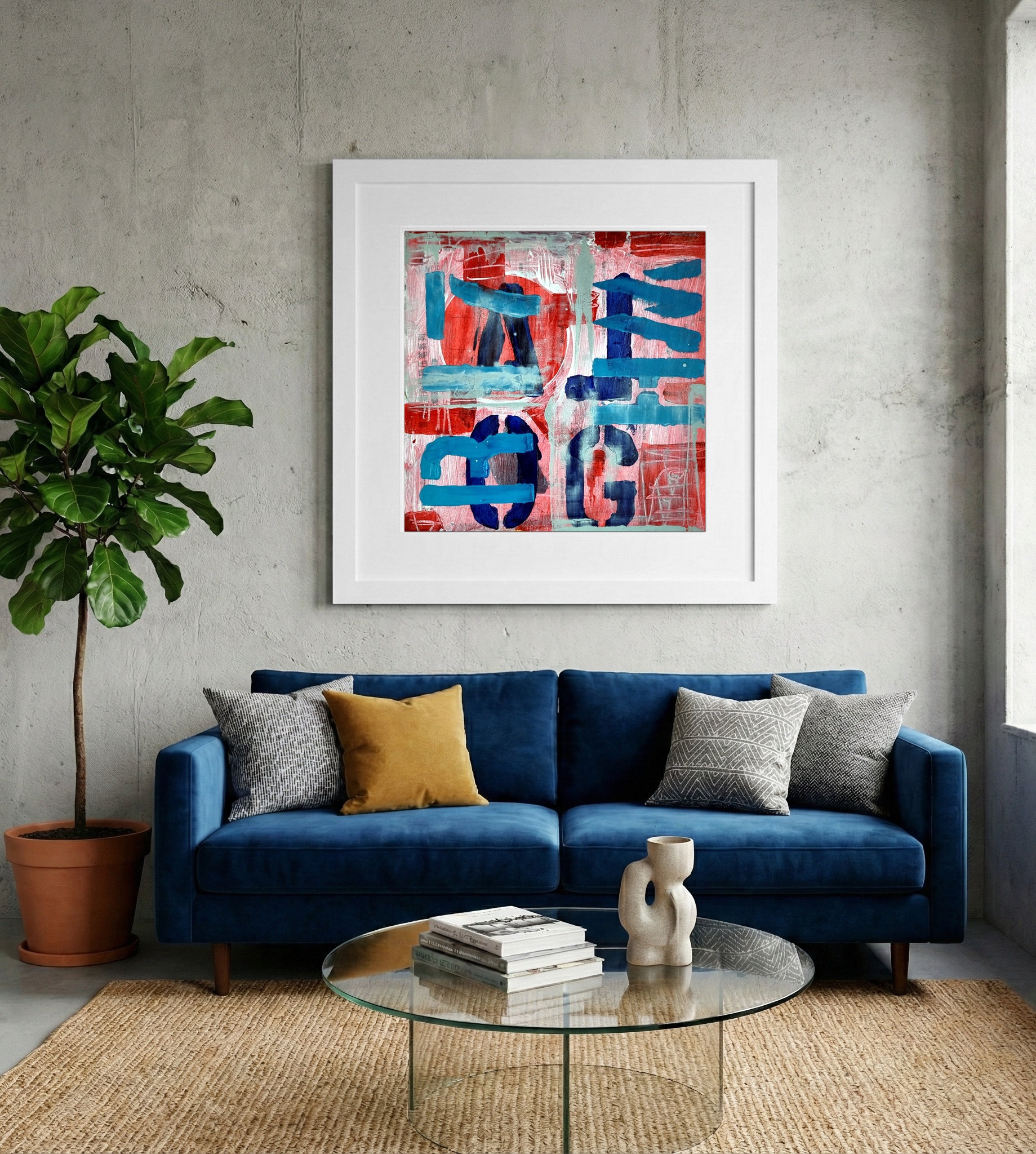 Electric Blue and Red Algorithmic Abstraction — art on the wall, room interior preview 2