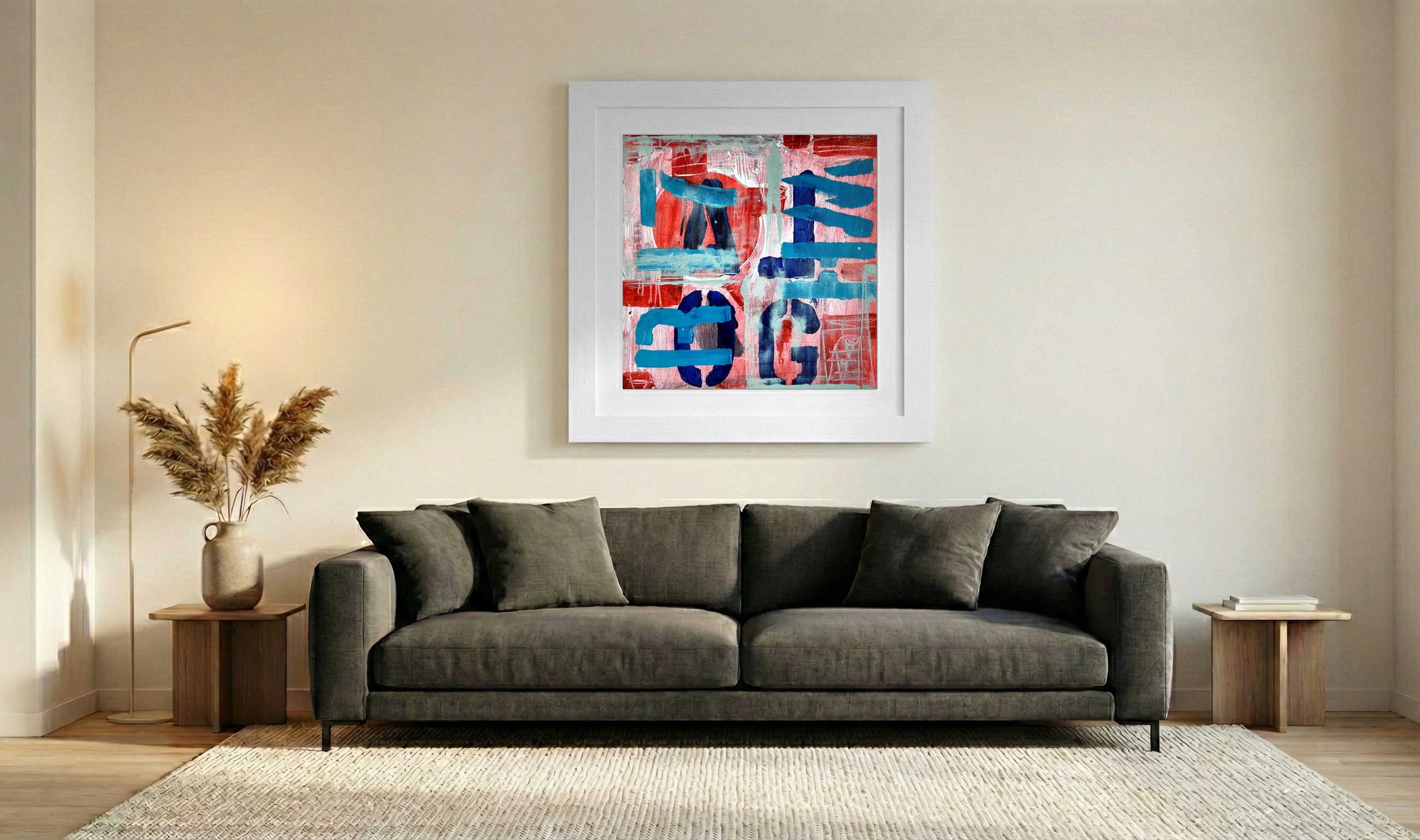 Electric Blue and Red Algorithmic Abstraction — art on the wall, room interior preview 3