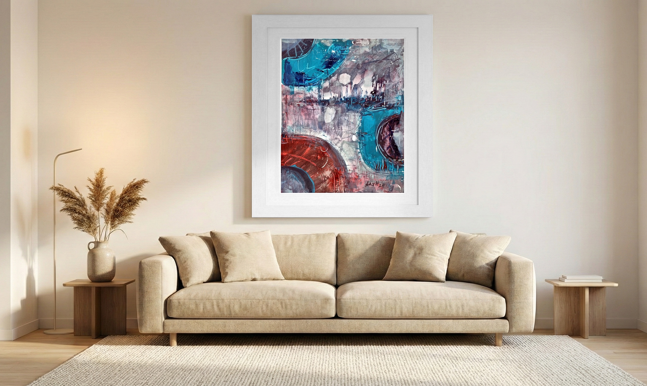 Rich Turquoise and Rust Abstract Exploration — art on the wall, room interior preview 1