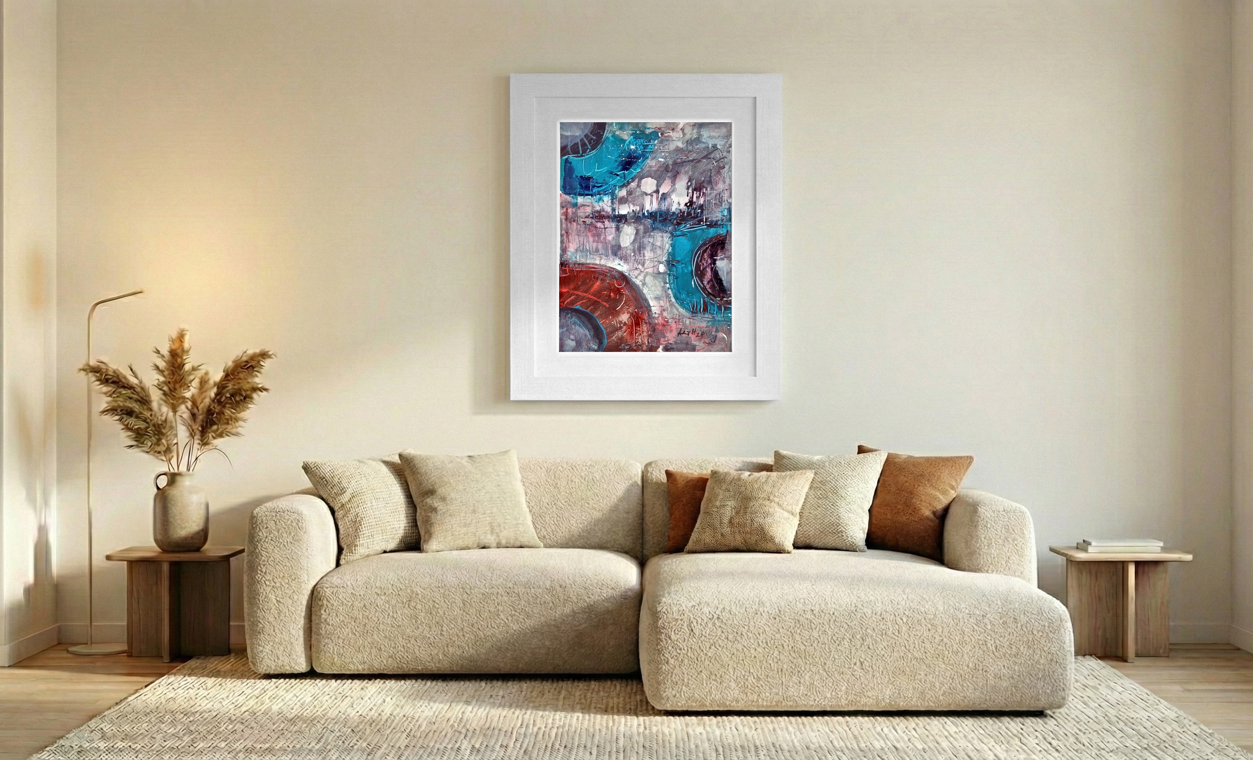 Rich Turquoise and Rust Abstract Exploration — art on the wall, room interior preview 2