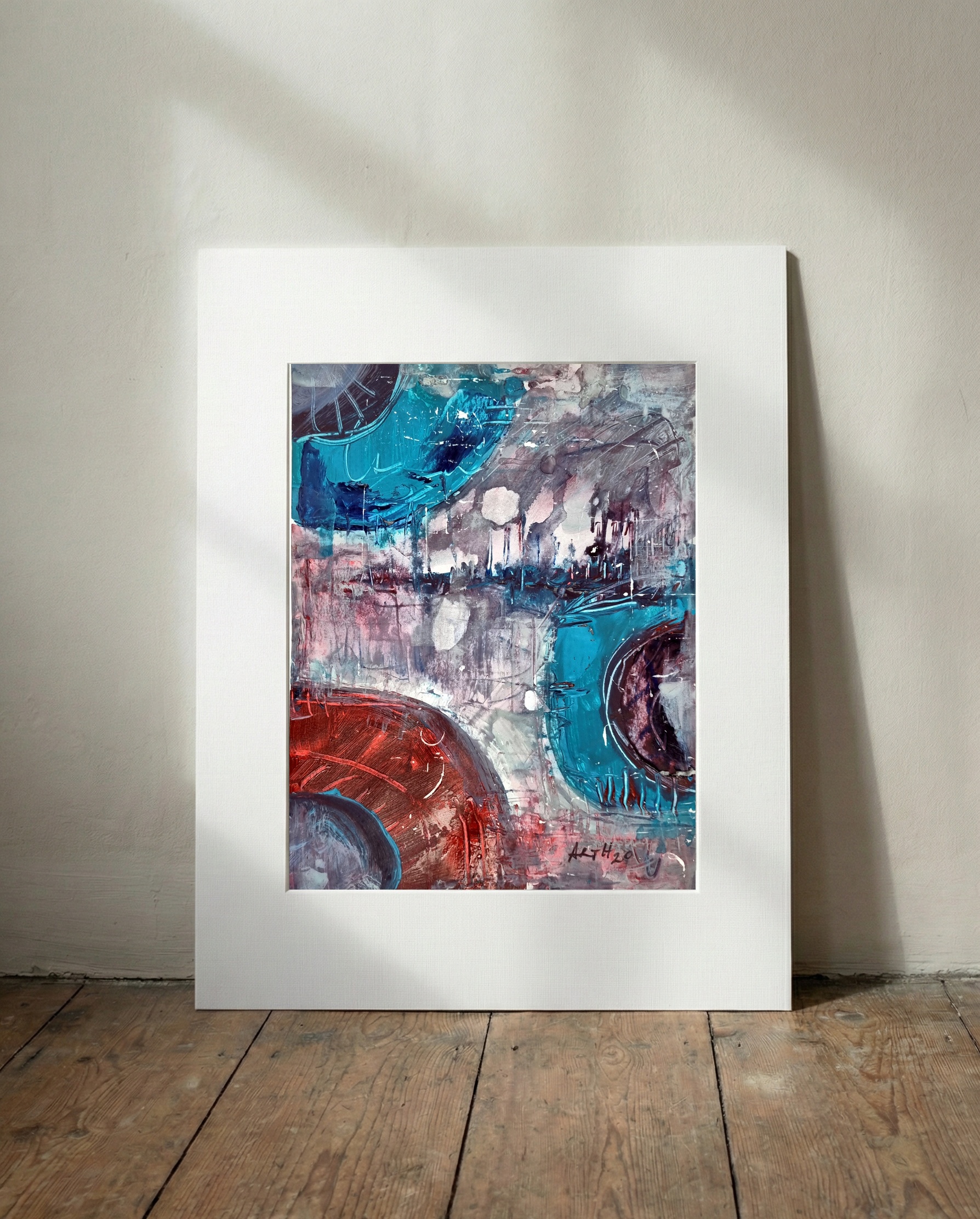 Rich Turquoise and Rust Abstract Exploration — art on the wall, room interior preview 3