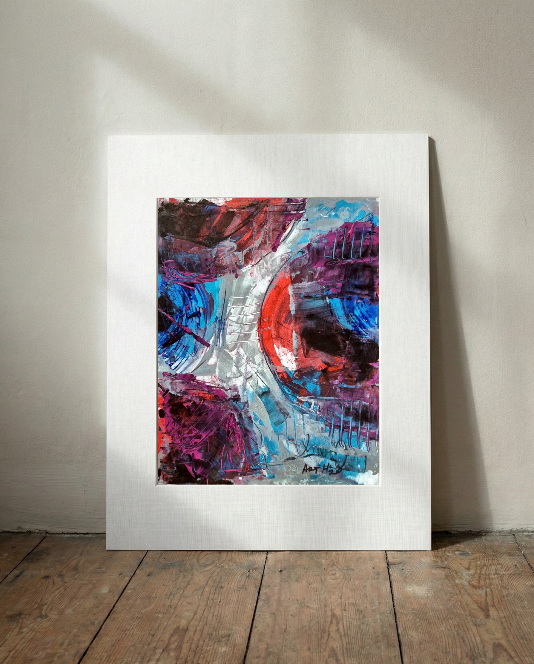 High-Impact Red and Blue Frenetic Abstract — art on the wall, room interior preview 3