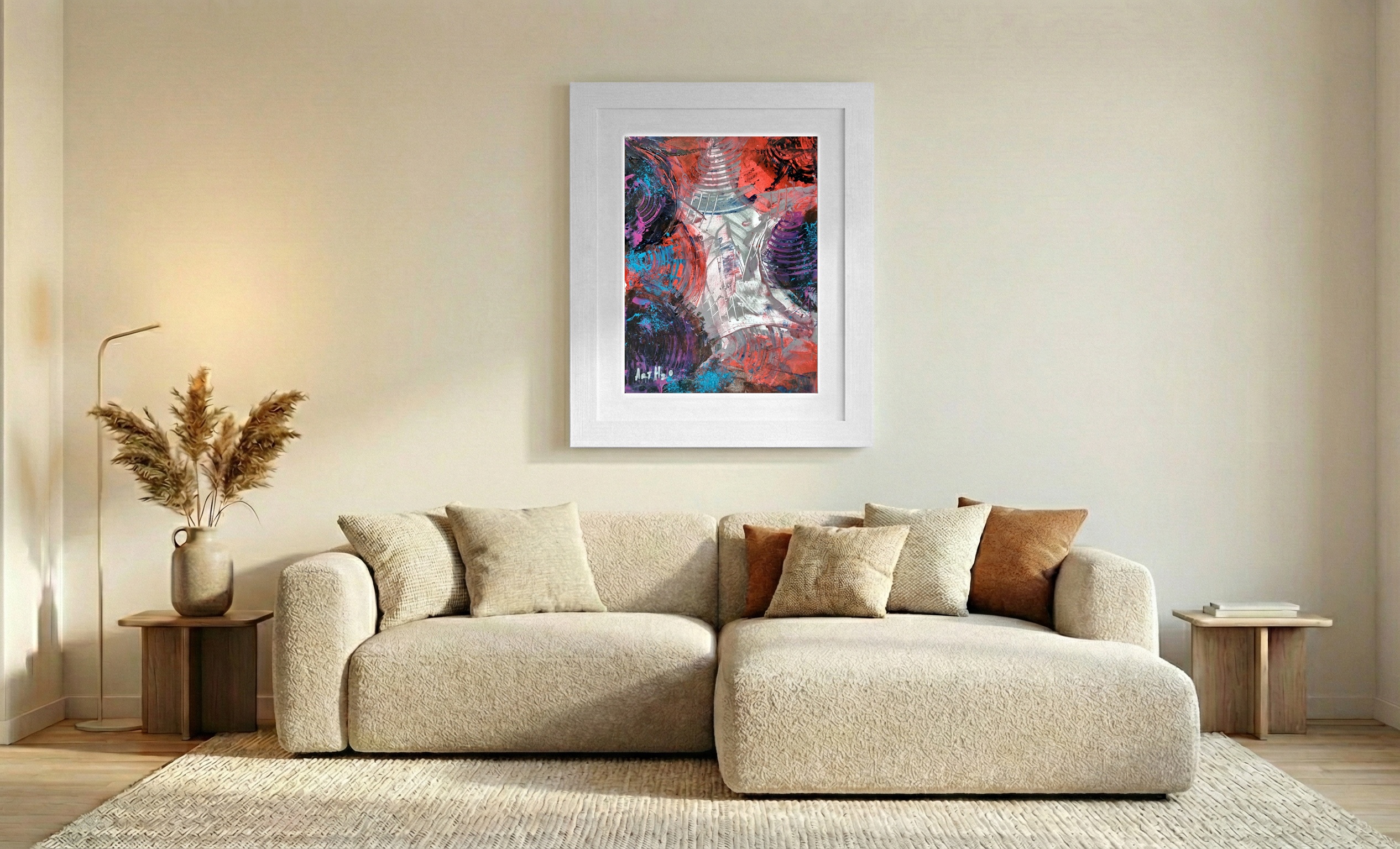 Dynamic Red and Blue Concentric Vortex — art on the wall, room interior preview 2