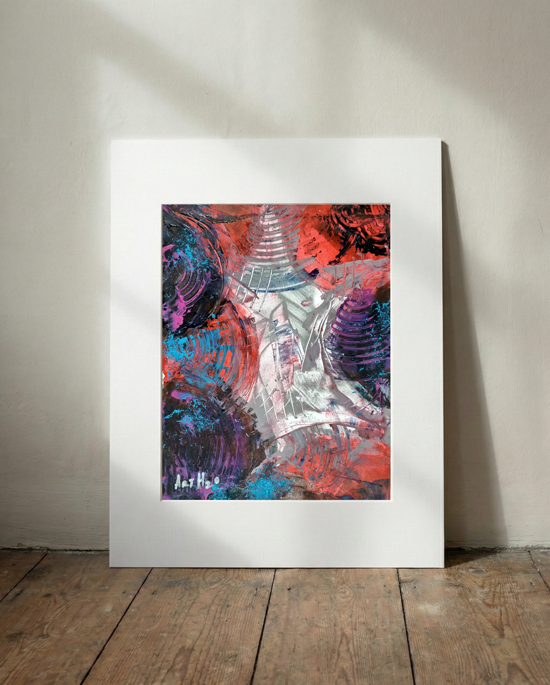 Dynamic Red and Blue Concentric Vortex — art on the wall, room interior preview 3