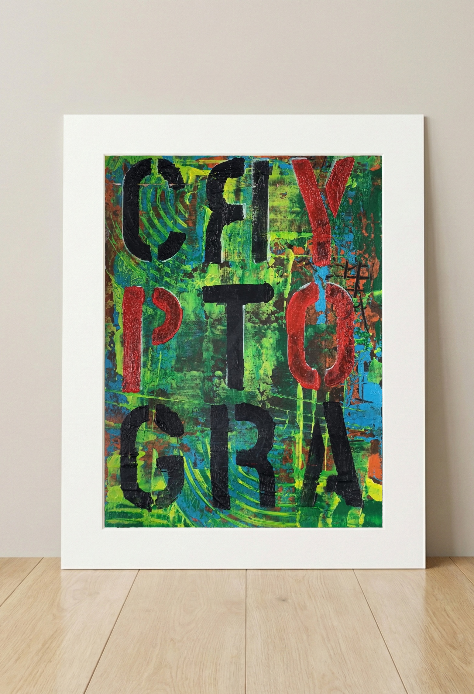 Vivid Green and Turquoise Cryptography Visualization — art on the wall, room interior preview 3