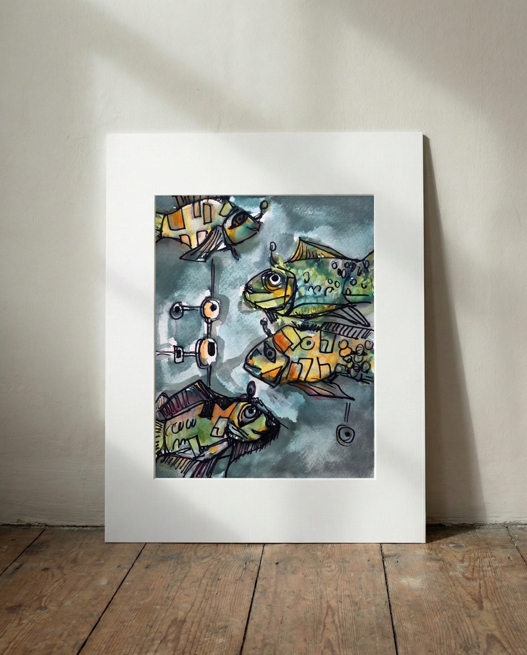 Colorful Abstract Fish Study on Aquarelle — art on the wall, room interior preview 2