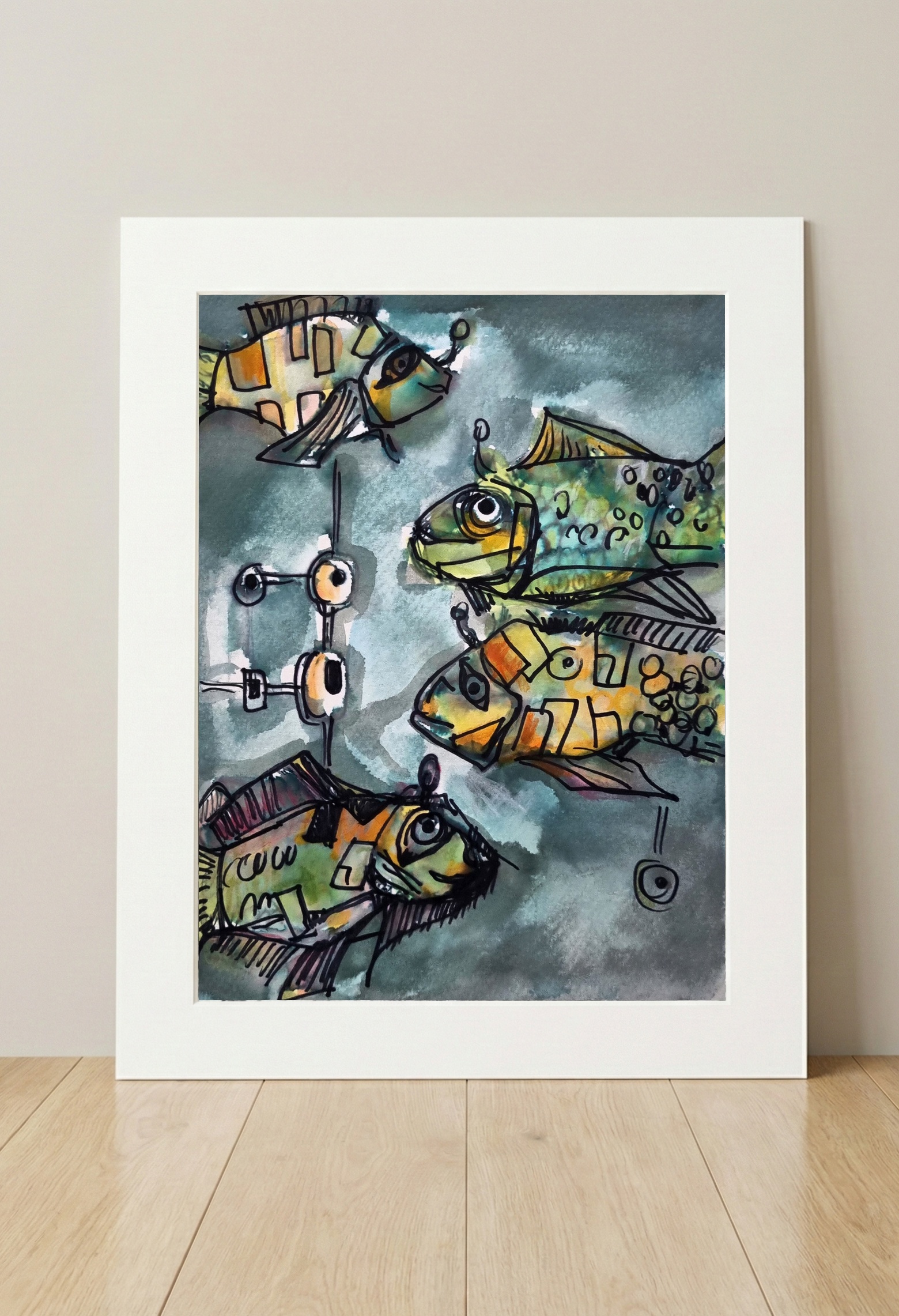 Colorful Abstract Fish Study on Aquarelle — art on the wall, room interior preview 3