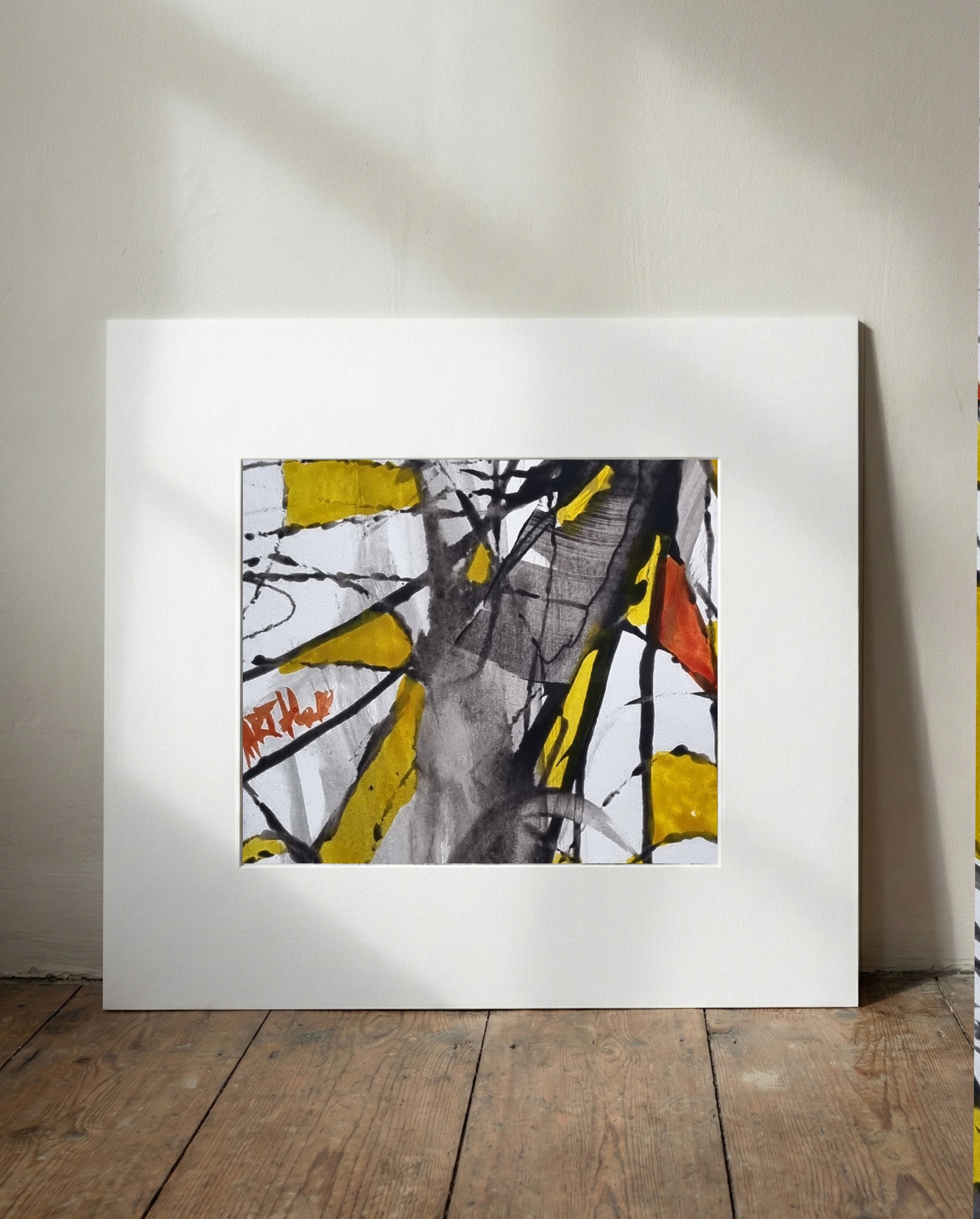 Vibrant Gold and Red Lines on Aquarelle — art on the wall, room interior preview 1