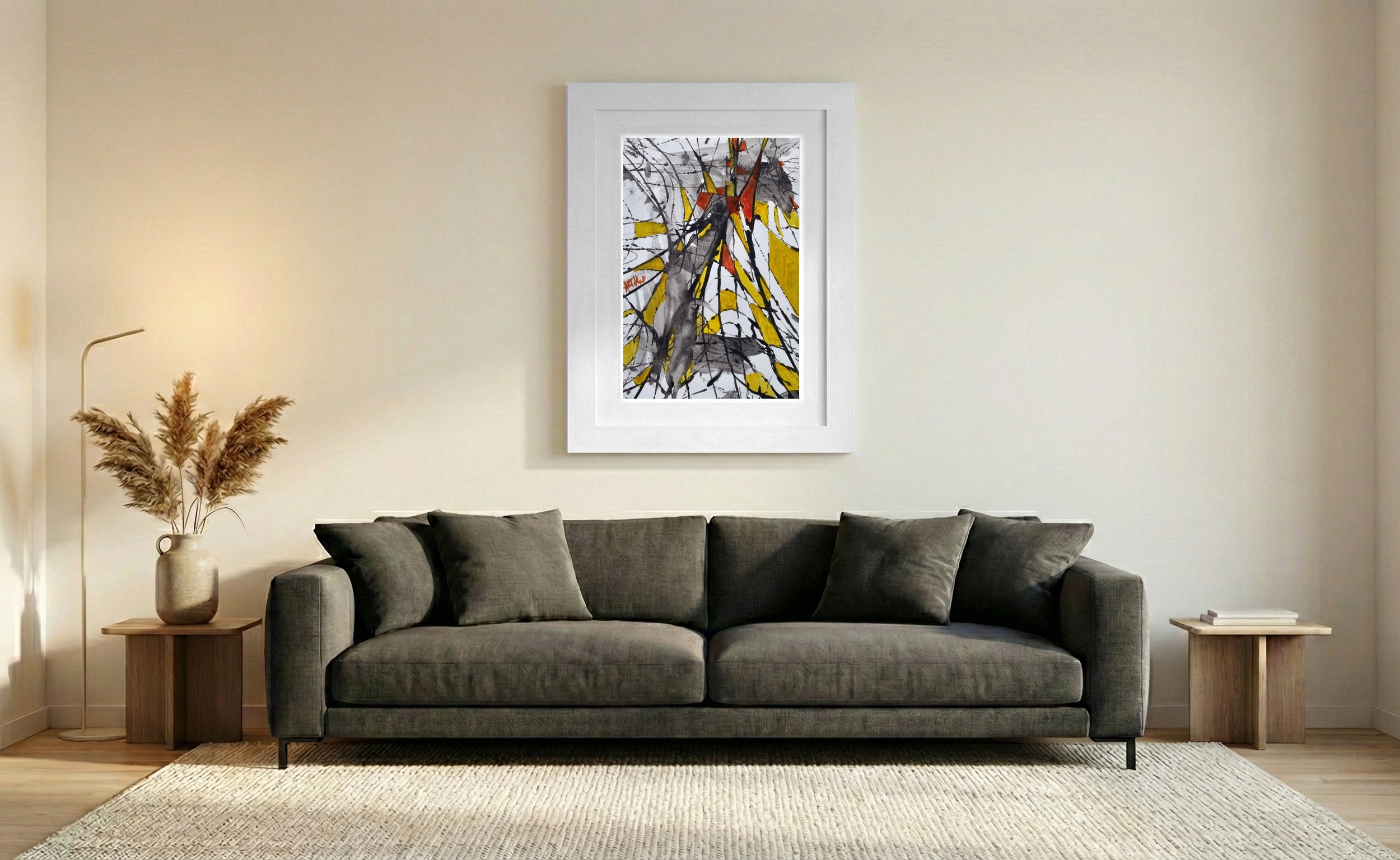 Vibrant Gold and Red Lines on Aquarelle — art on the wall, room interior preview 2