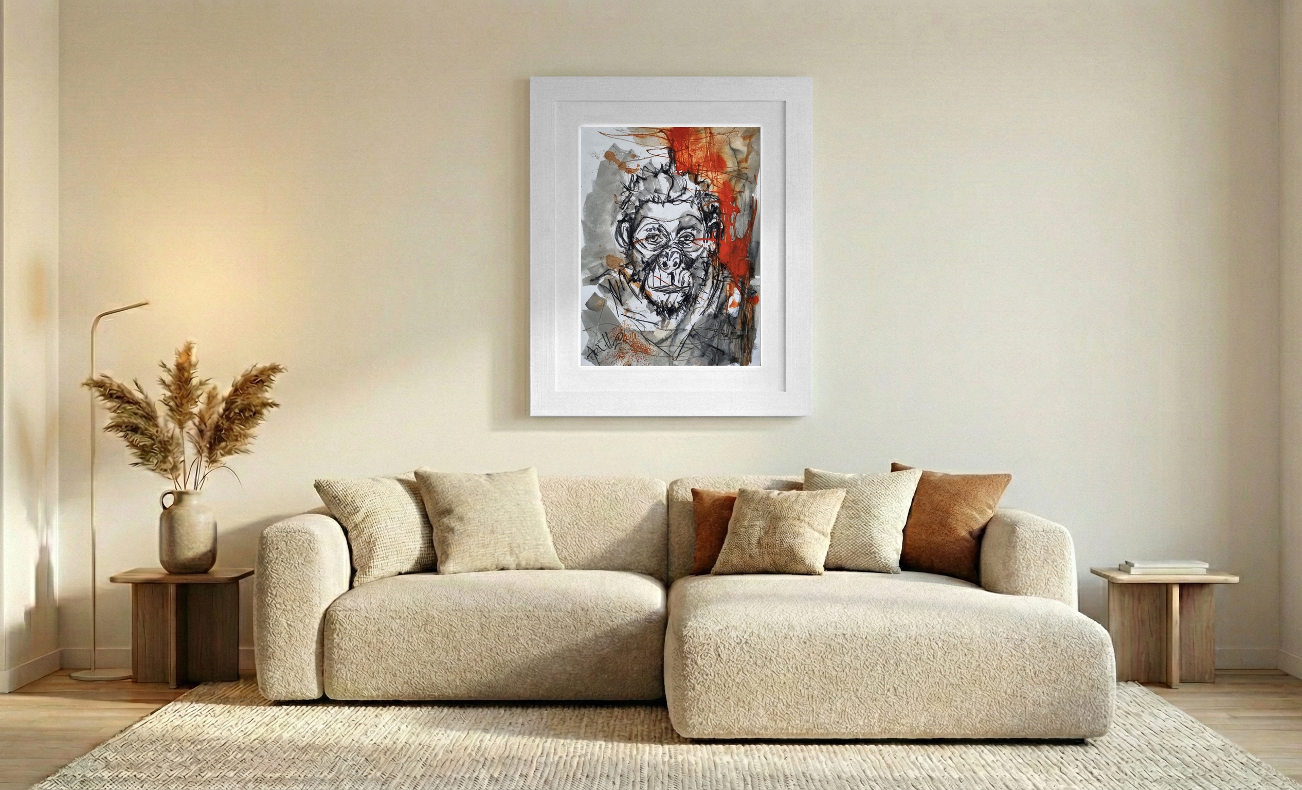 Emotive Primate Portrait on Canvas — art on the wall, room interior preview 2