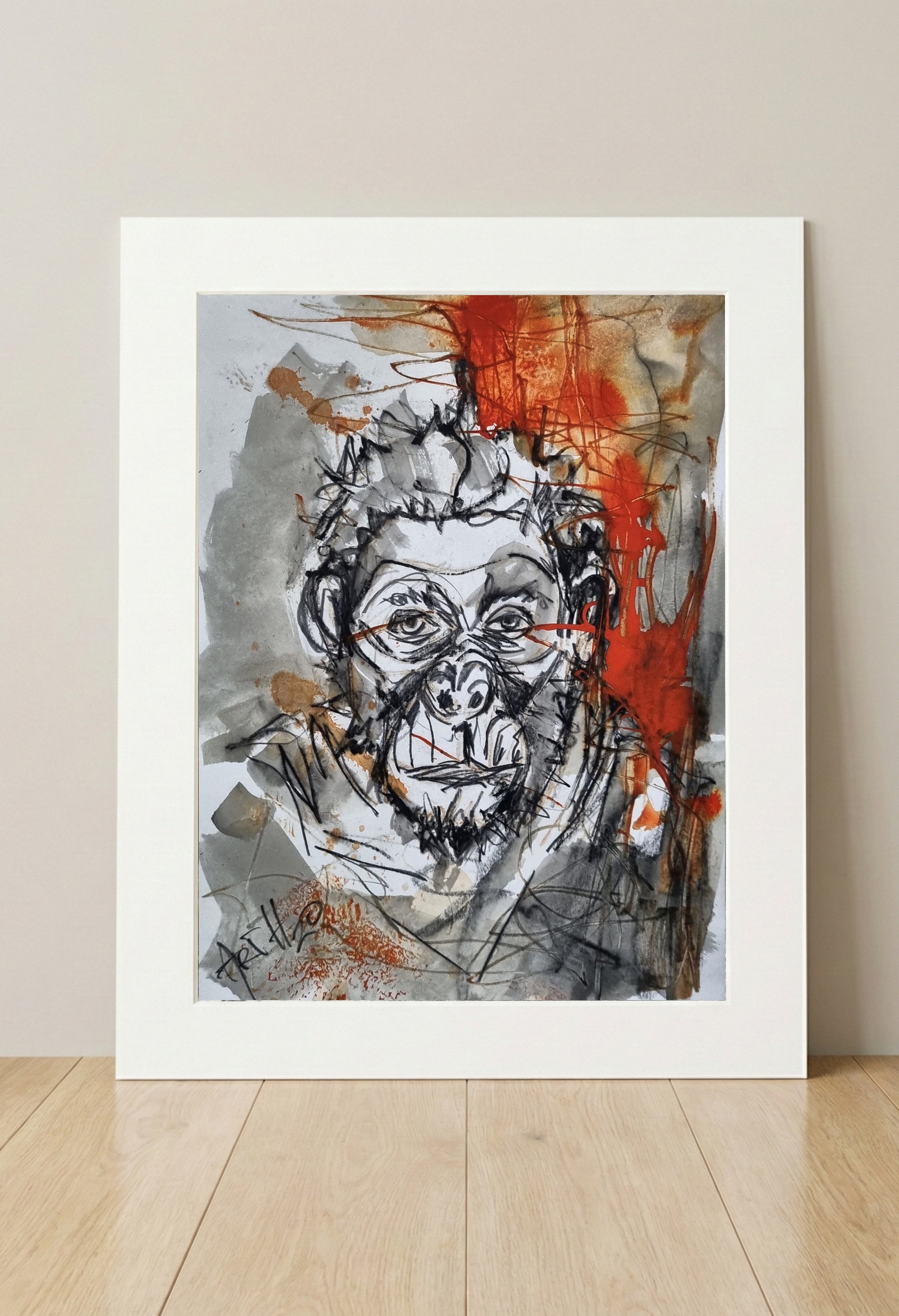Emotive Primate Portrait on Canvas — art on the wall, room interior preview 3