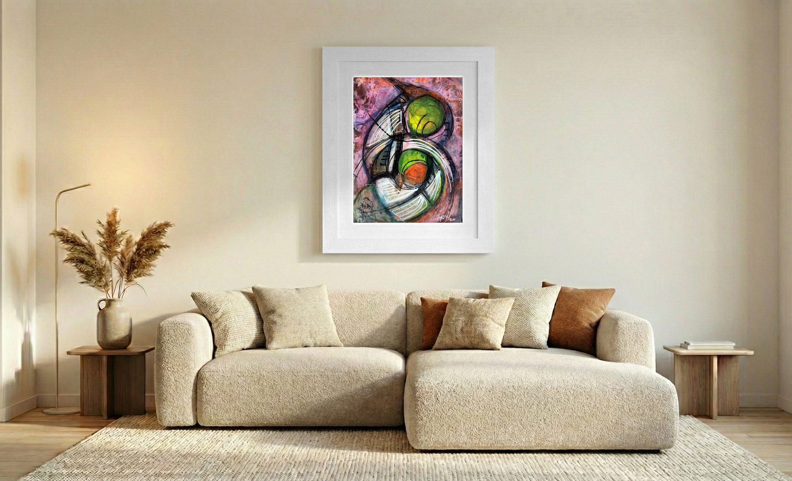 Abstract Rhythms of Pink and Green — art on the wall, room interior preview 2