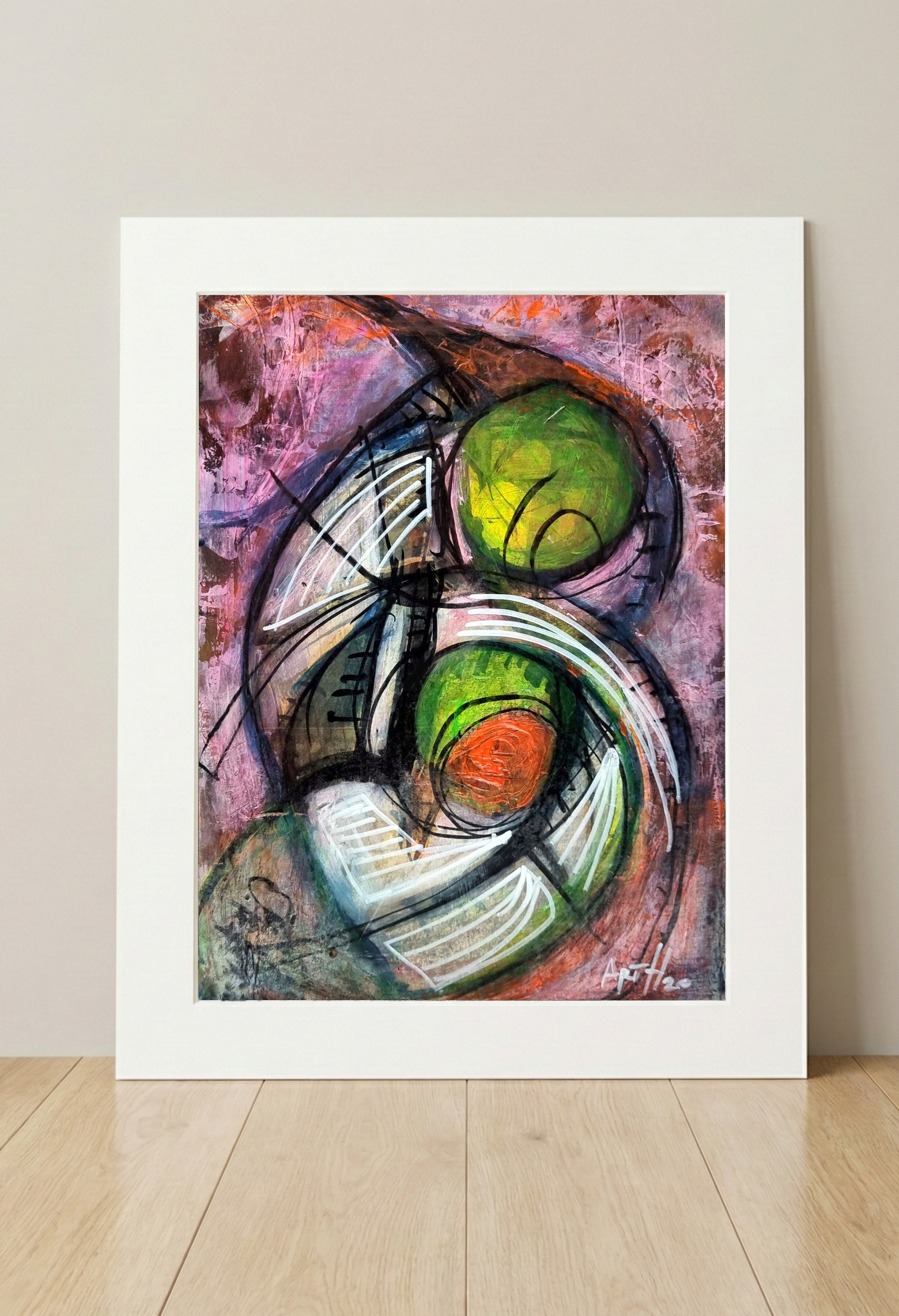 Abstract Rhythms of Pink and Green — art on the wall, room interior preview 3