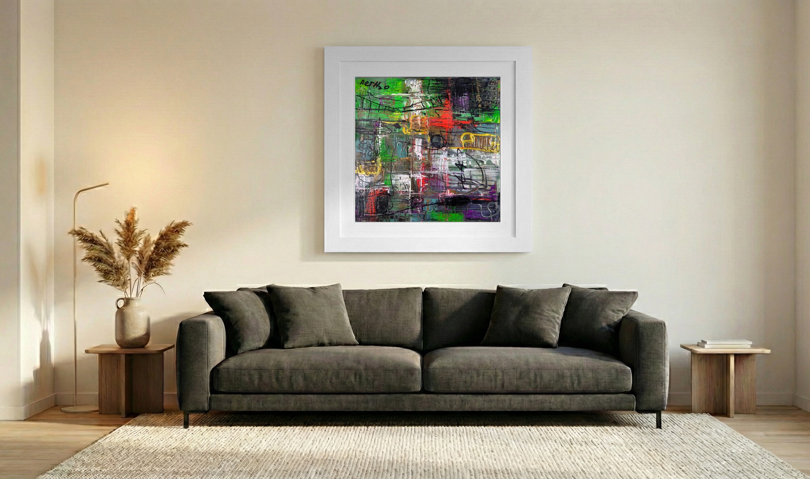 Emerald and Crimson Urban Landscape — art on the wall, room interior preview 2