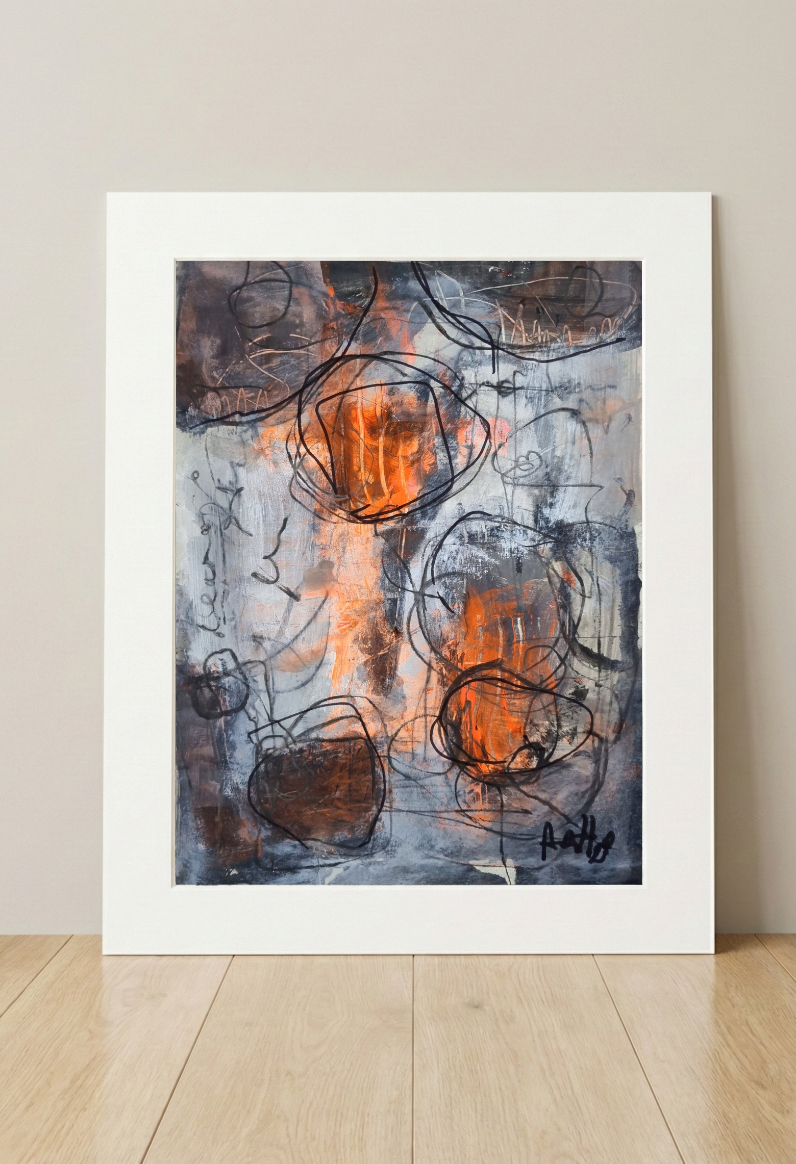 Slate and Burnt Orange Neural Flow — art on the wall, room interior preview 1