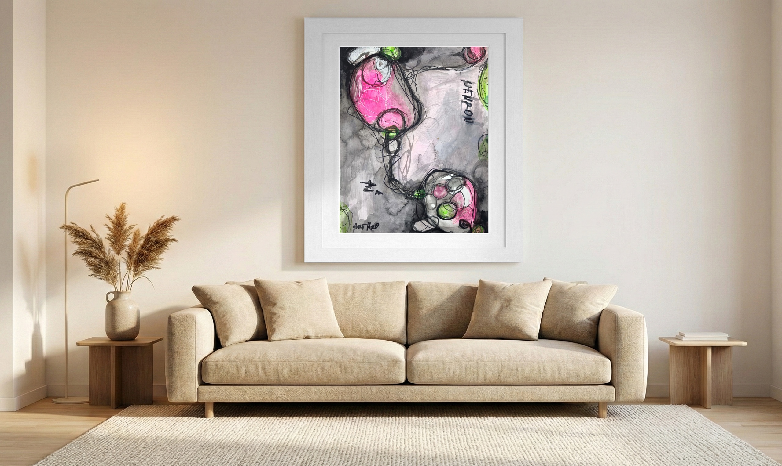 Magenta and Green Neural Abstraction — art on the wall, room interior preview 1
