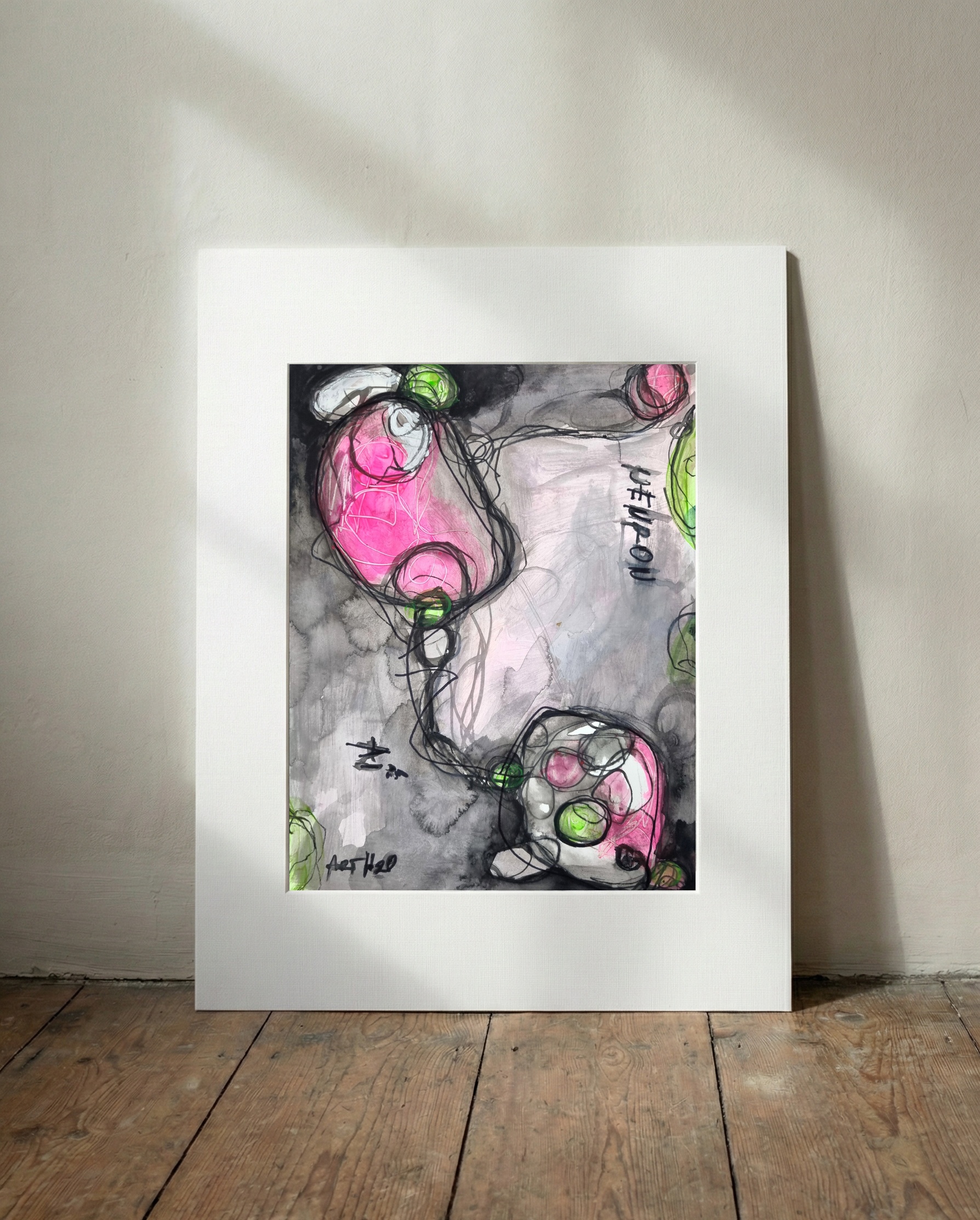 Magenta and Green Neural Abstraction — art on the wall, room interior preview 3