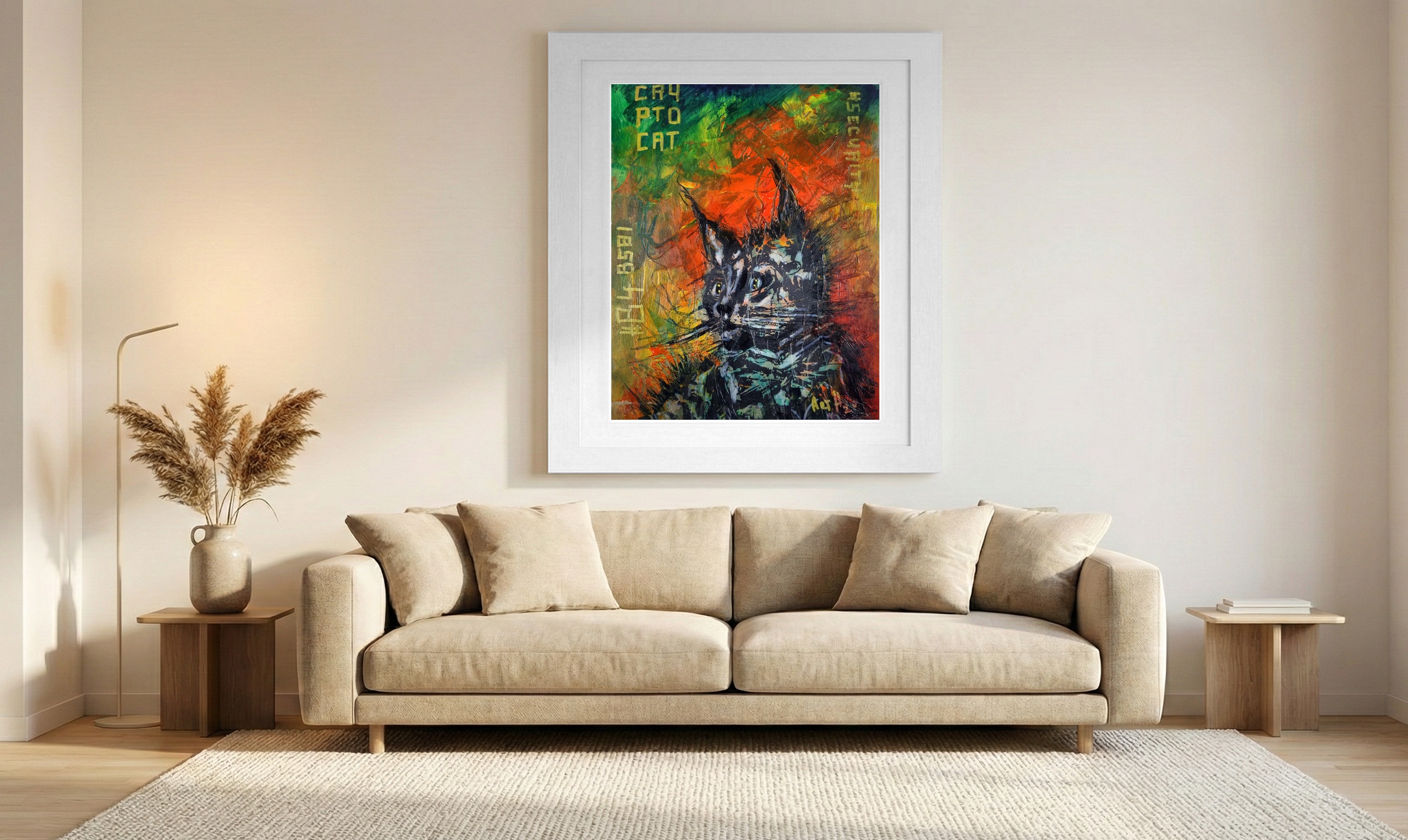 Crypto Black Cat Guardian — art on the wall, room interior preview 1
