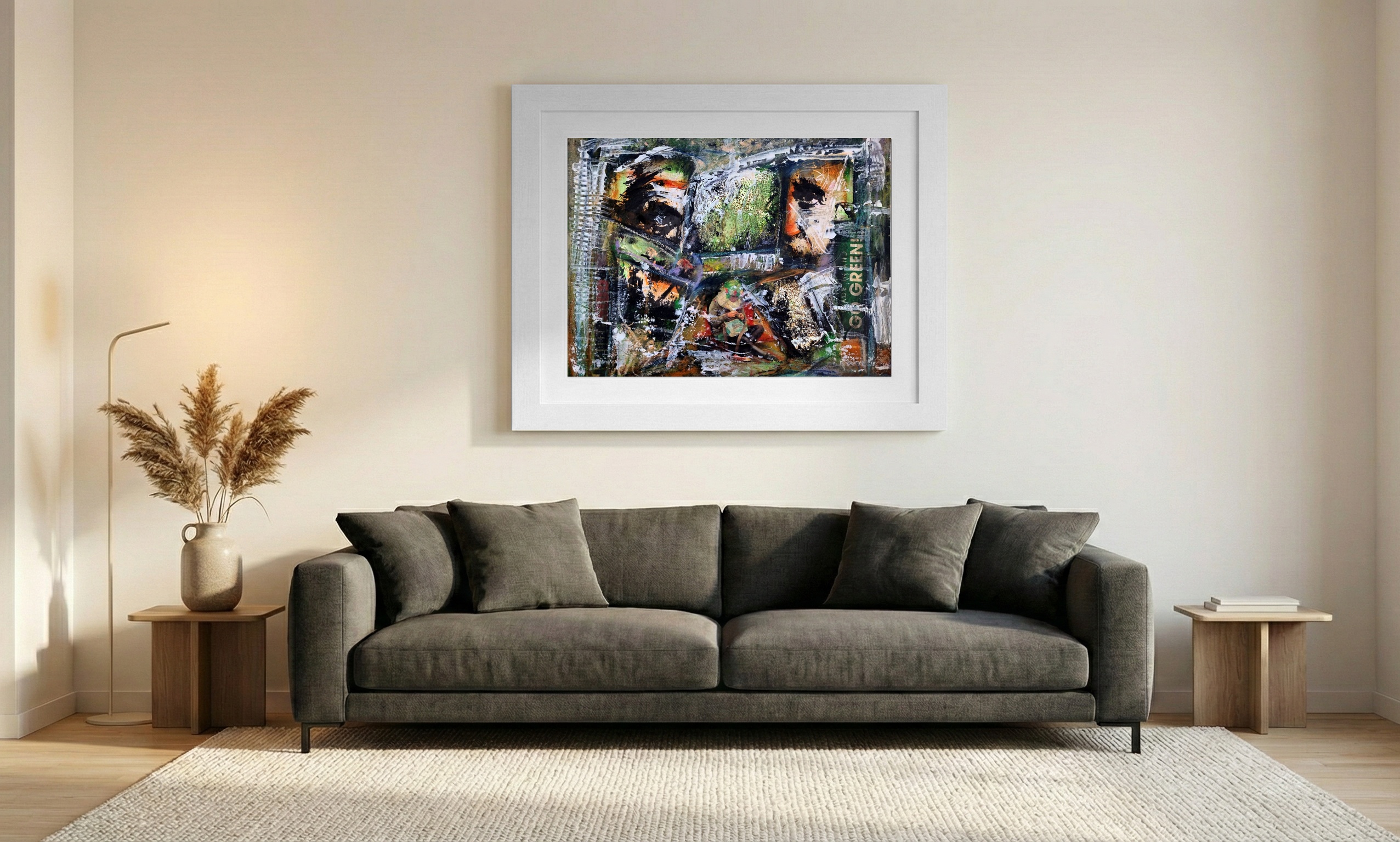 Urban Nature Fusion in Greens and Oranges — art on the wall, room interior preview 1