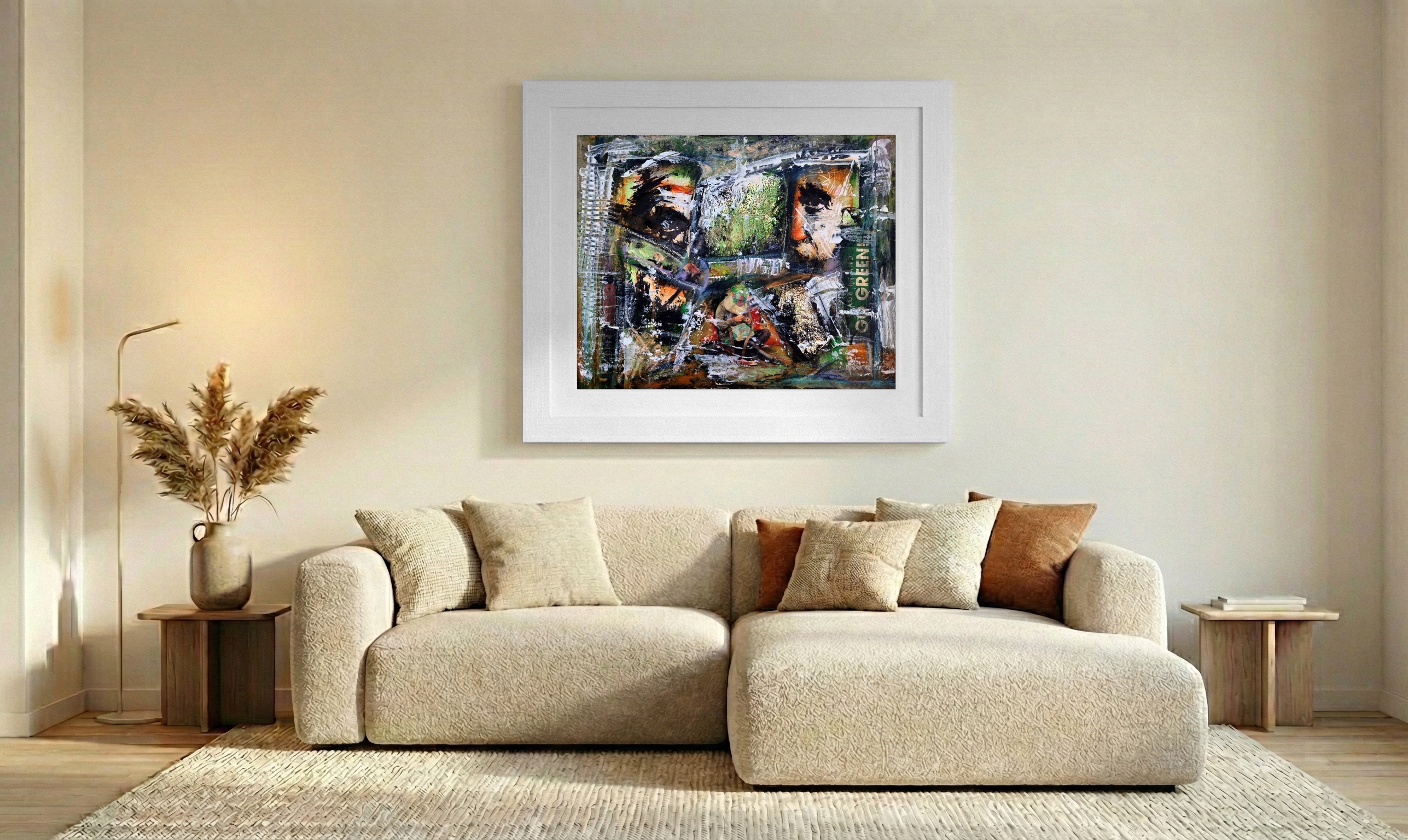 Urban Nature Fusion in Greens and Oranges — art on the wall, room interior preview 2