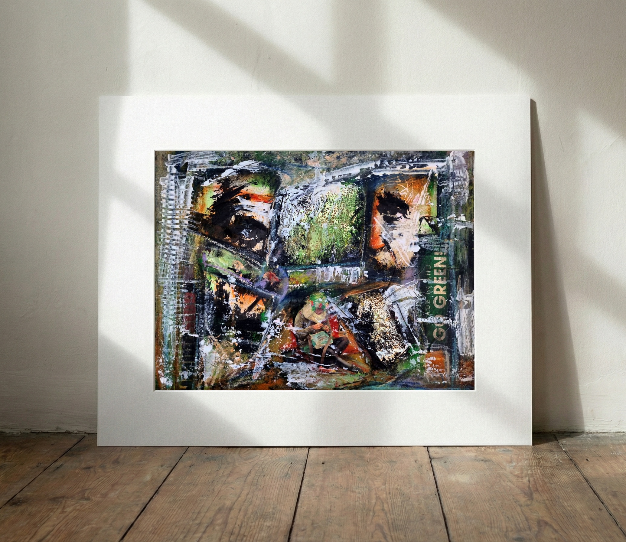 Urban Nature Fusion in Greens and Oranges — art on the wall, room interior preview 3