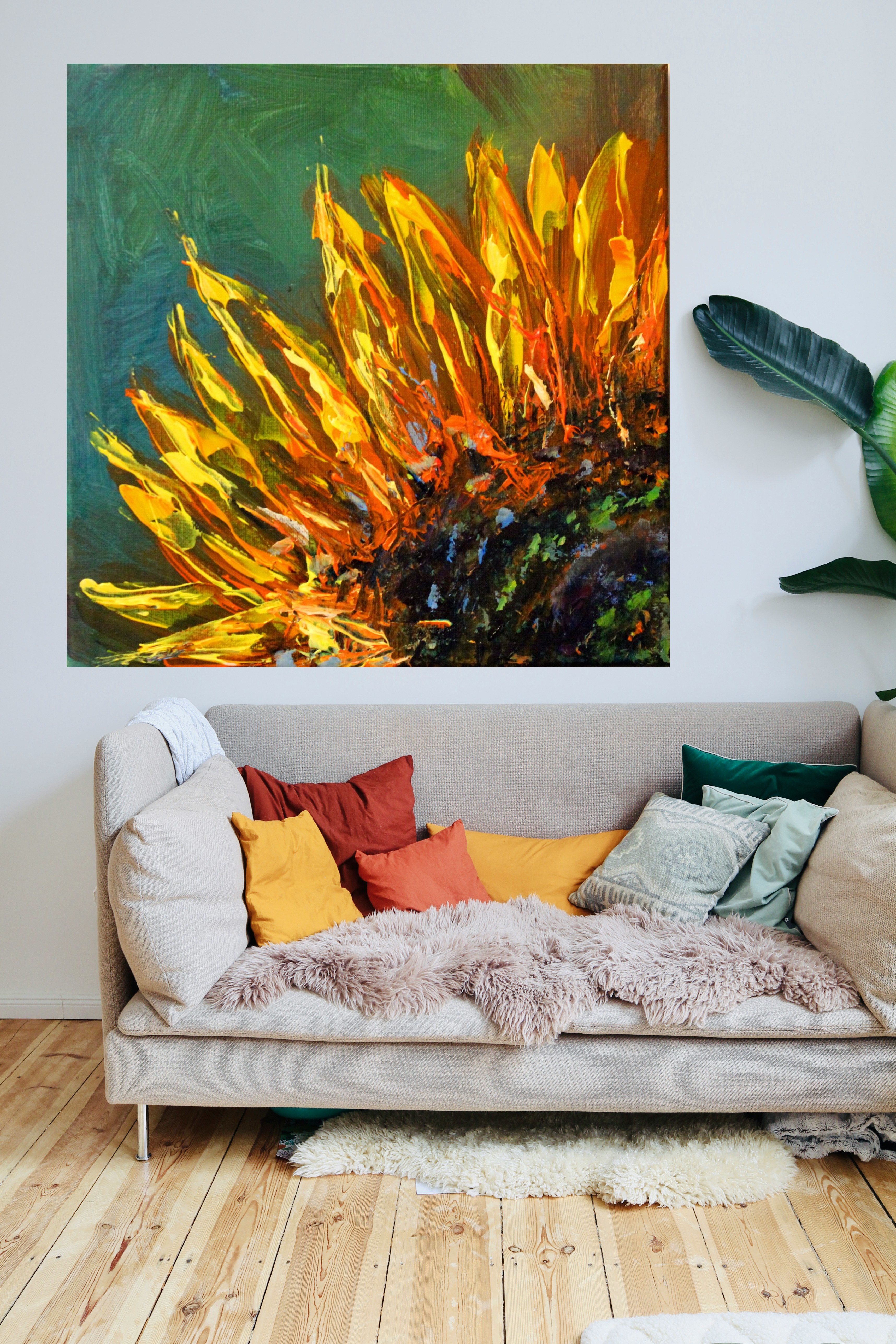 Vibrant Sunflower Panel One — art on the wall, room interior preview 1