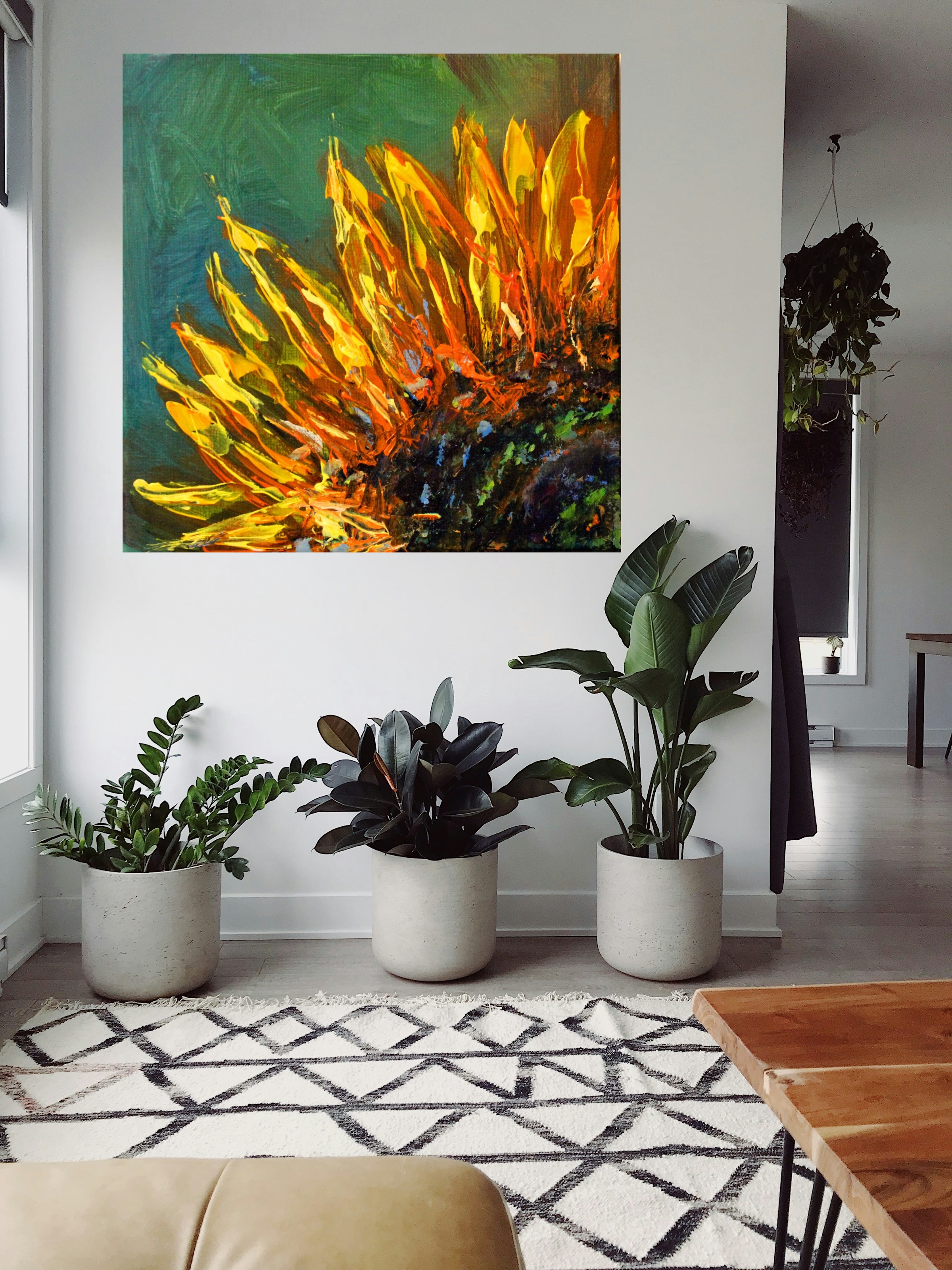 Vibrant Sunflower Panel One — art on the wall, room interior preview 2