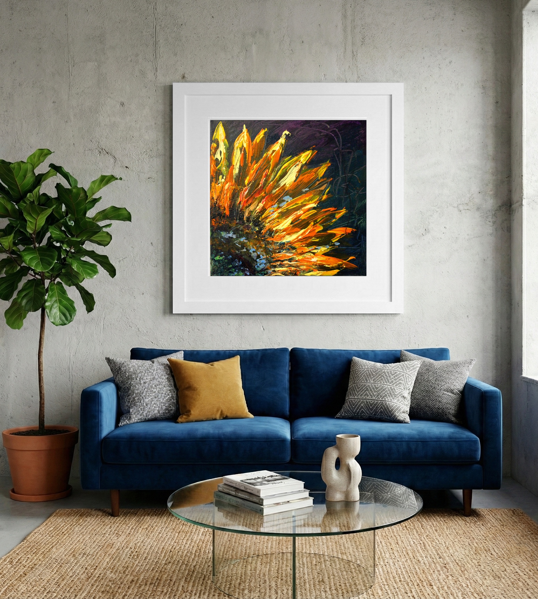 Sunflower Upper Right Panel in Impasto — art on the wall, room interior preview 2