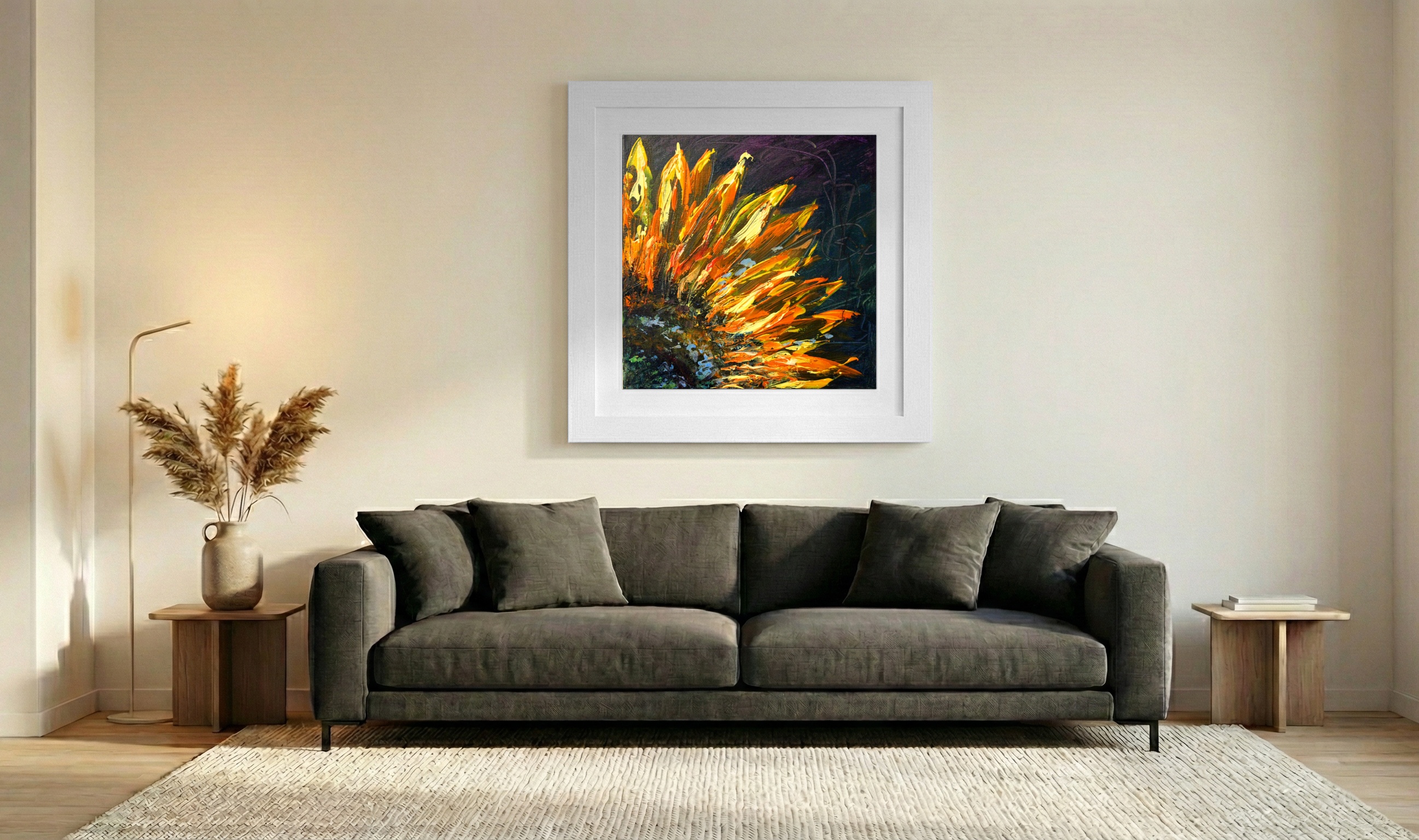 Sunflower Upper Right Panel in Impasto — art on the wall, room interior preview 3