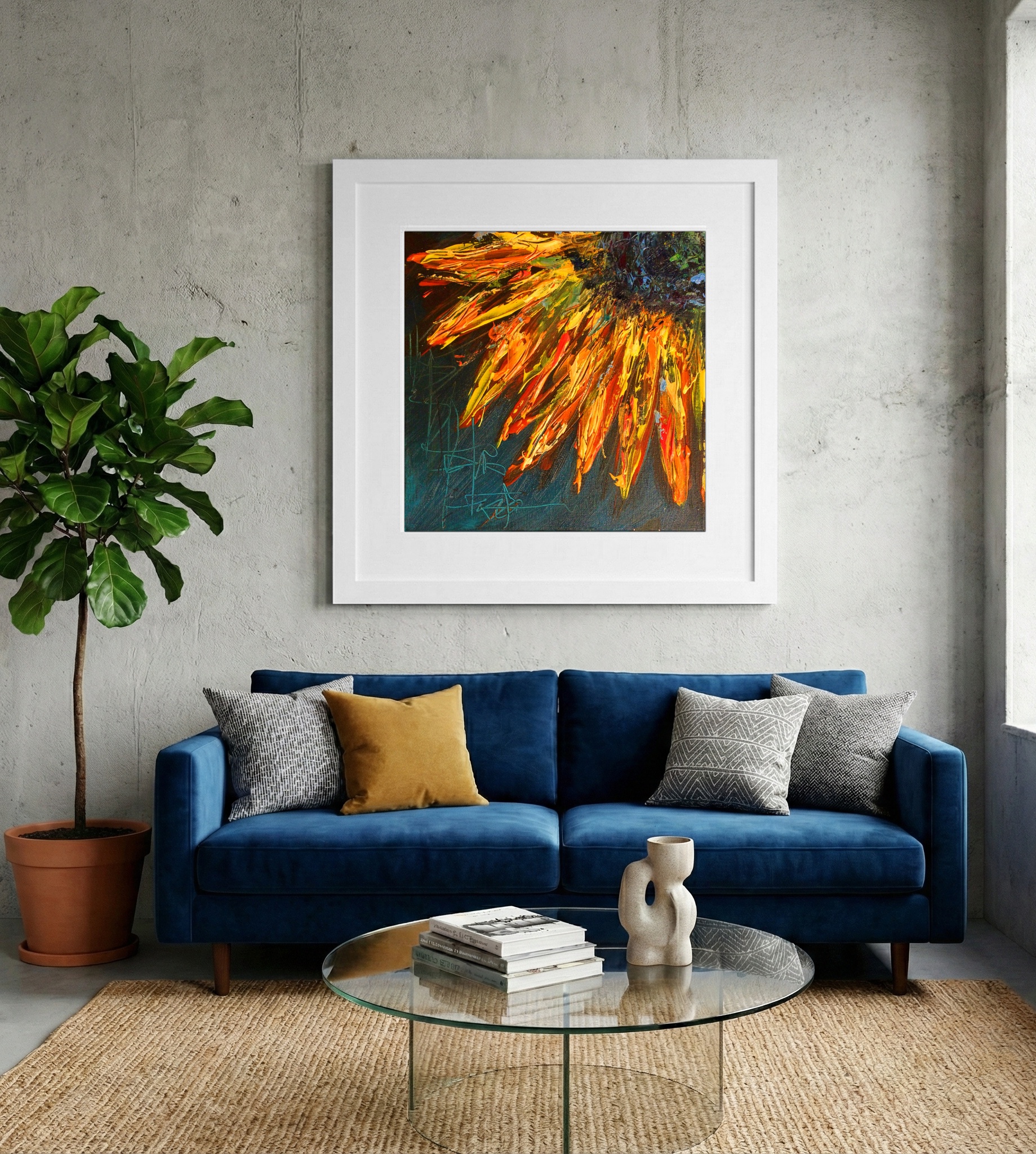Textured Sunflower Bottom Left Panel — art on the wall, room interior preview 2